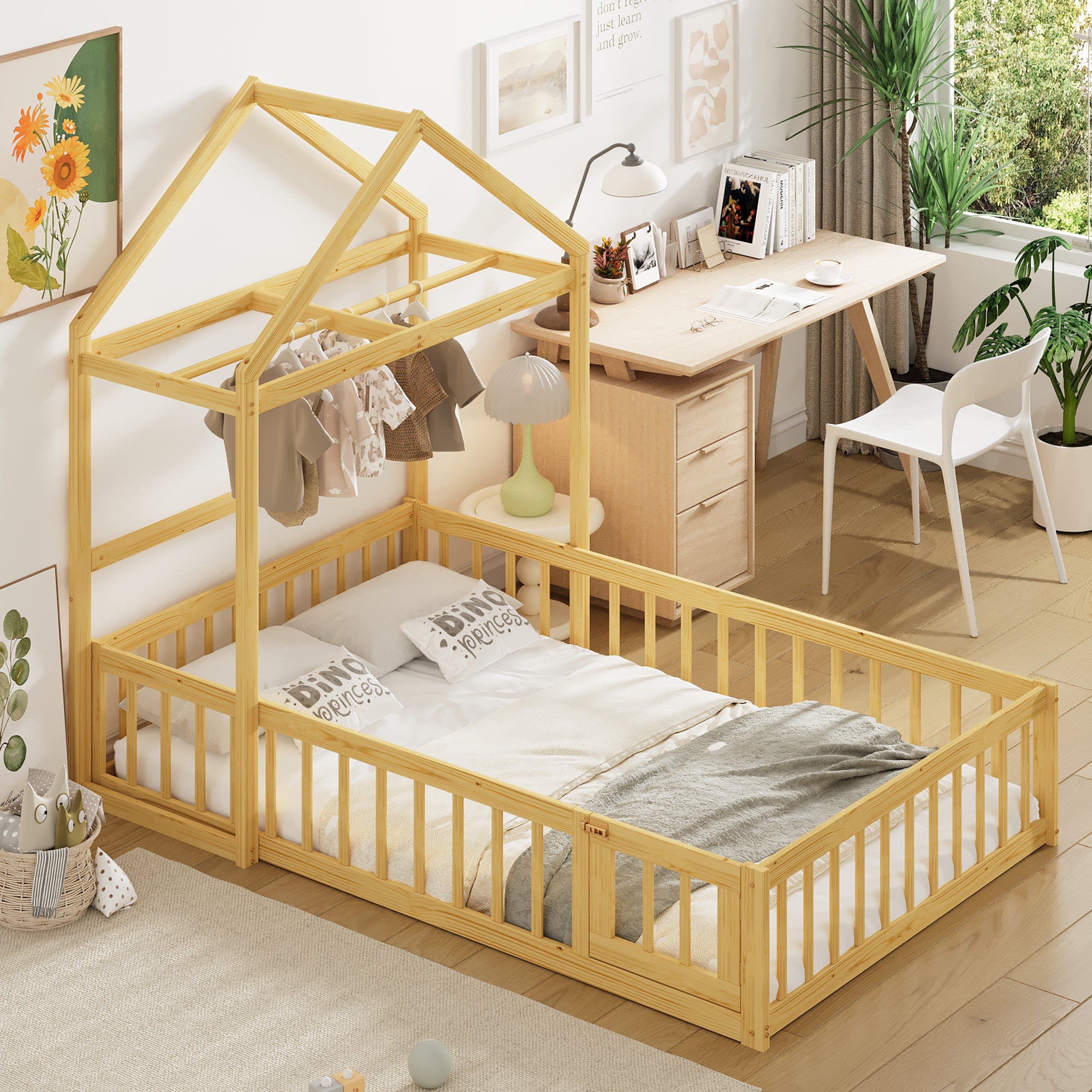 Wooden Floor Bed with Fence Railings and Detachable House Shape Headboard,Full Size Bed with Kids Dress Up Rack, Kids Montessori Style Playhouse Frame for Girls Boys, Natural