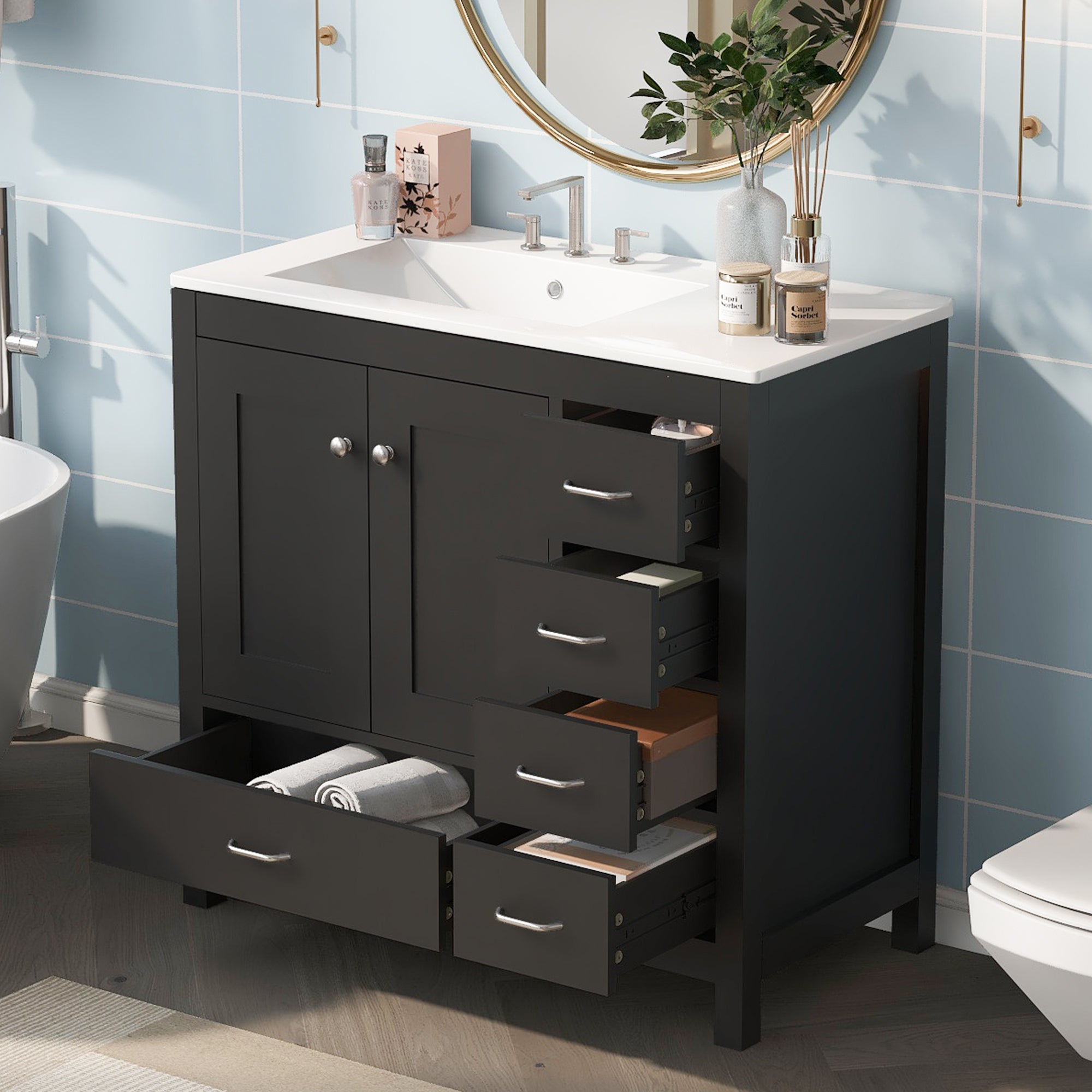 36" Black Bathroom Vanity with Ceramic Sink Combo, Abundant Storage Cabinet -2 Soft close doors and 5 drawers