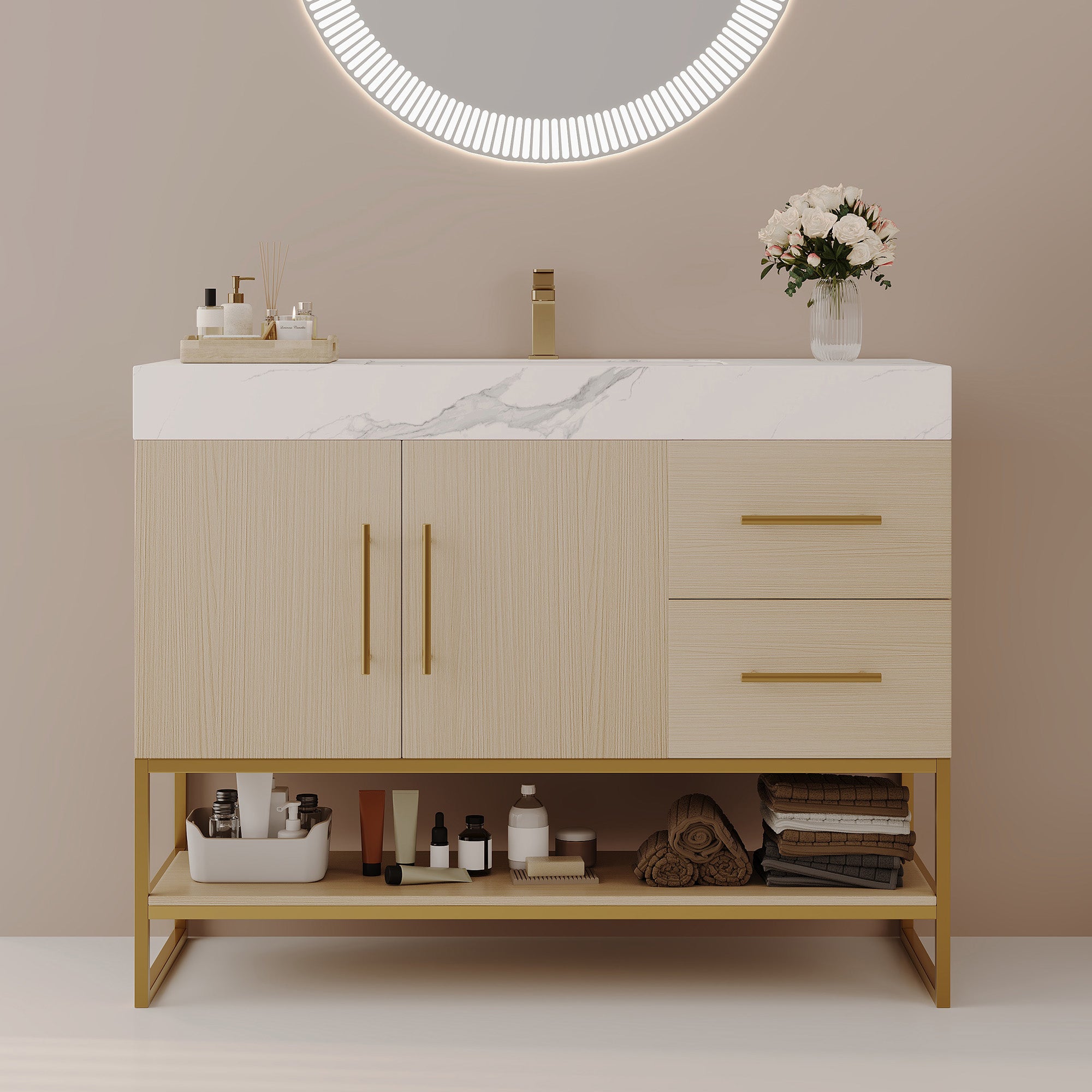 36-inch modern freestanding bathroom vanity with sintered stone top and ceramic sink, front view