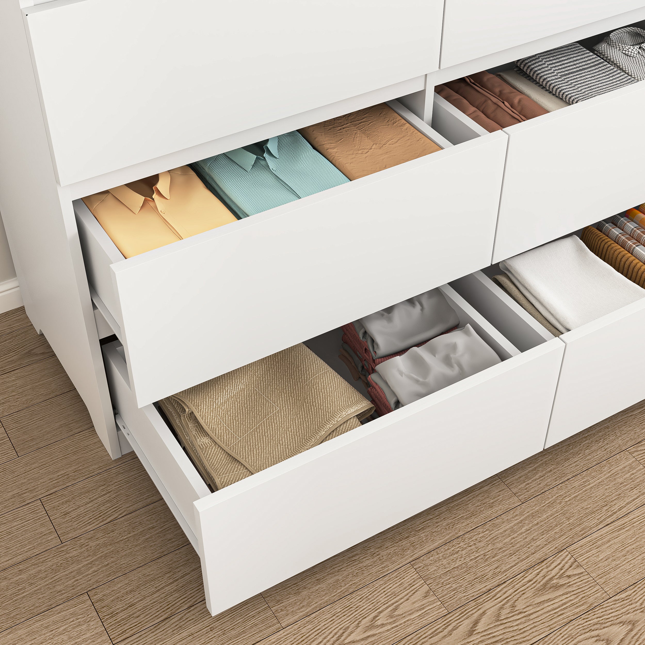 White modern chest of drawers, side profile view