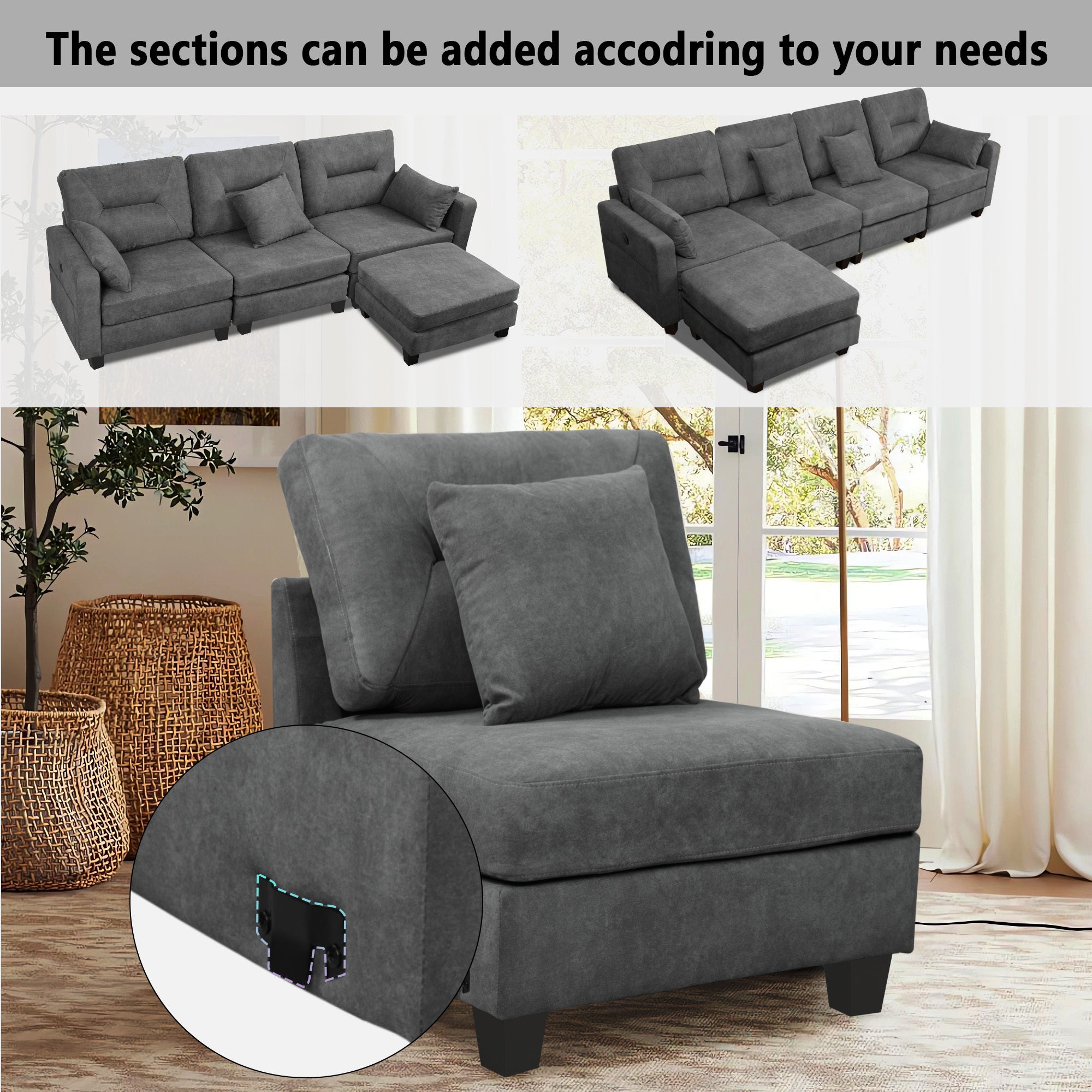 Oversized 125inch L Shaped Modular Sectional Couches with USB Ports, Ottoman, Lumbar Pillows