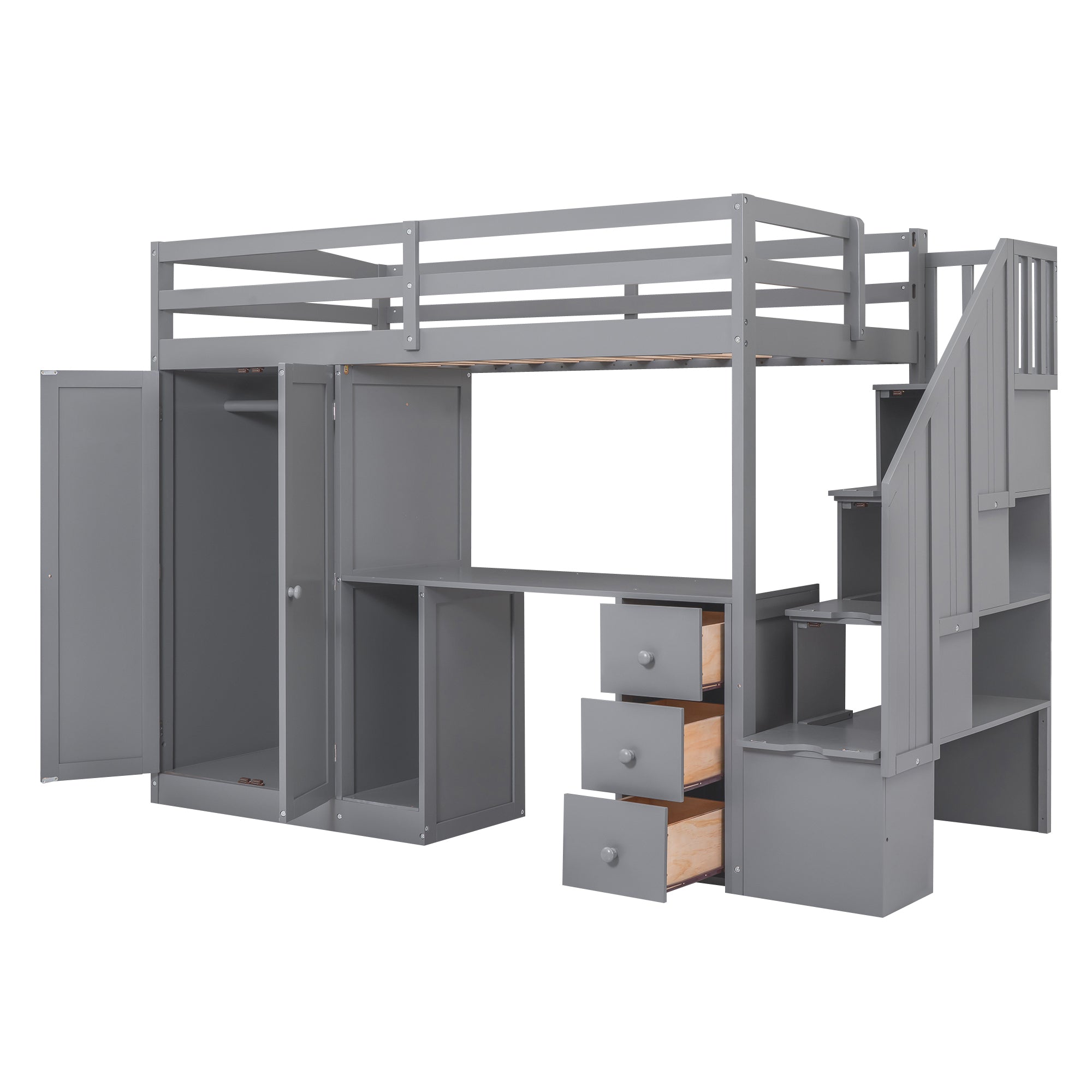 Twin Size Loft Bed with Wardrobe and Staircase, Desk and Storage Drawers and Cabinet in 1,Gray