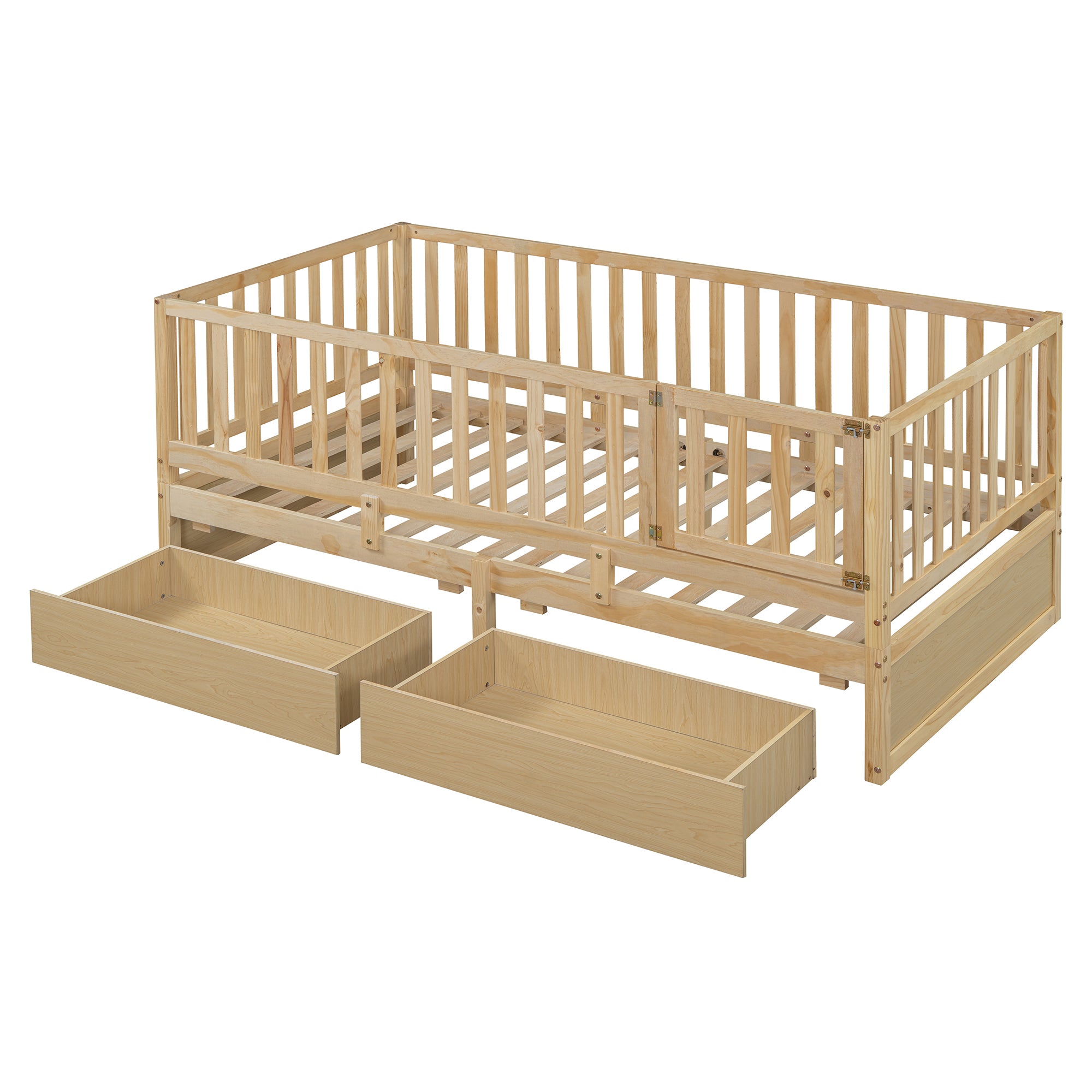 Twin Size Wood Daybed with Fence Guardrails and 2 Drawers, Split into Independent Floor Bed & Daybed, Natural(OLD SKU :LP000881AAN)