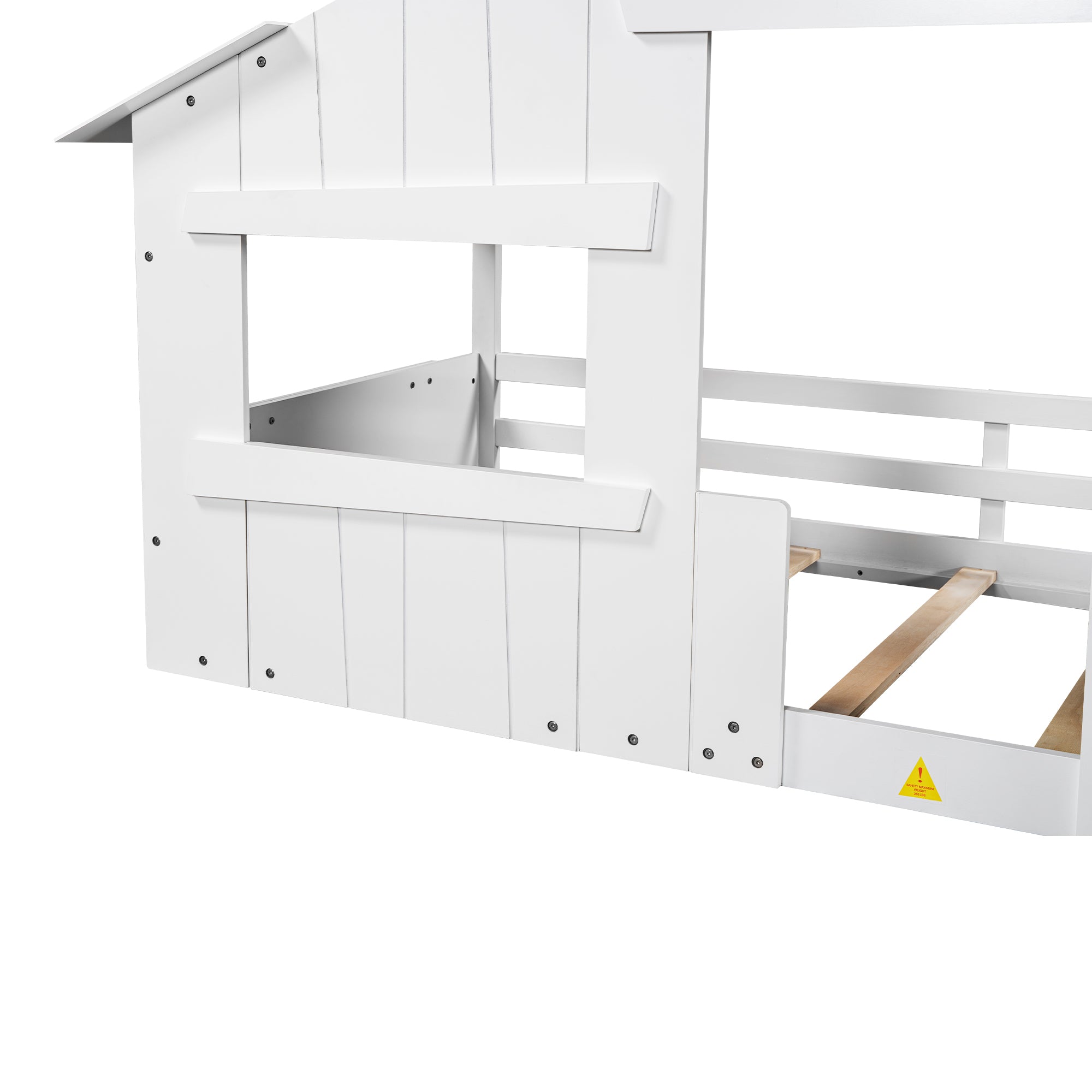 Wood Twin Size House Bed with Roof, Window and Guardrail, White