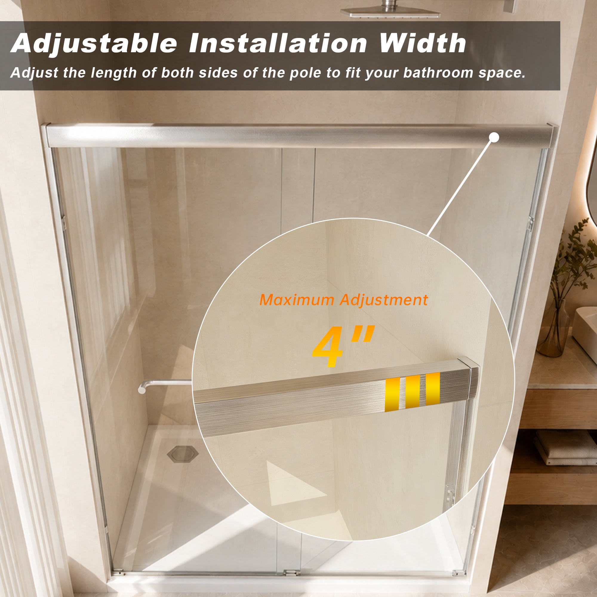 Sliding shower door 56-60 in brushed nickel installed view