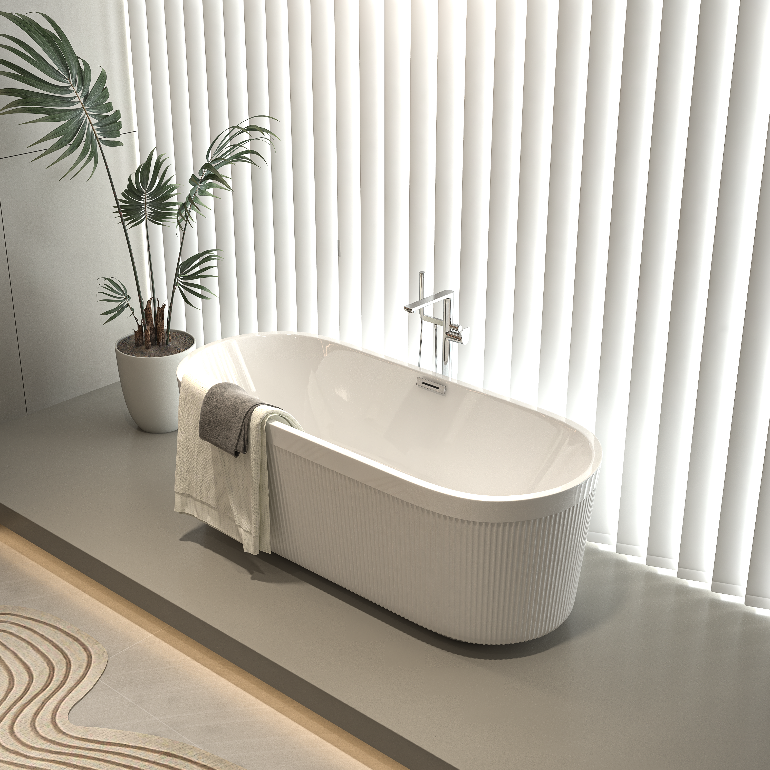 59" Acrylic Freestanding Bathtub with Unique Pleated Design: Spacious Oval Shape, Gloss White Finish, Chrome Overflow & Pop-Up Drain