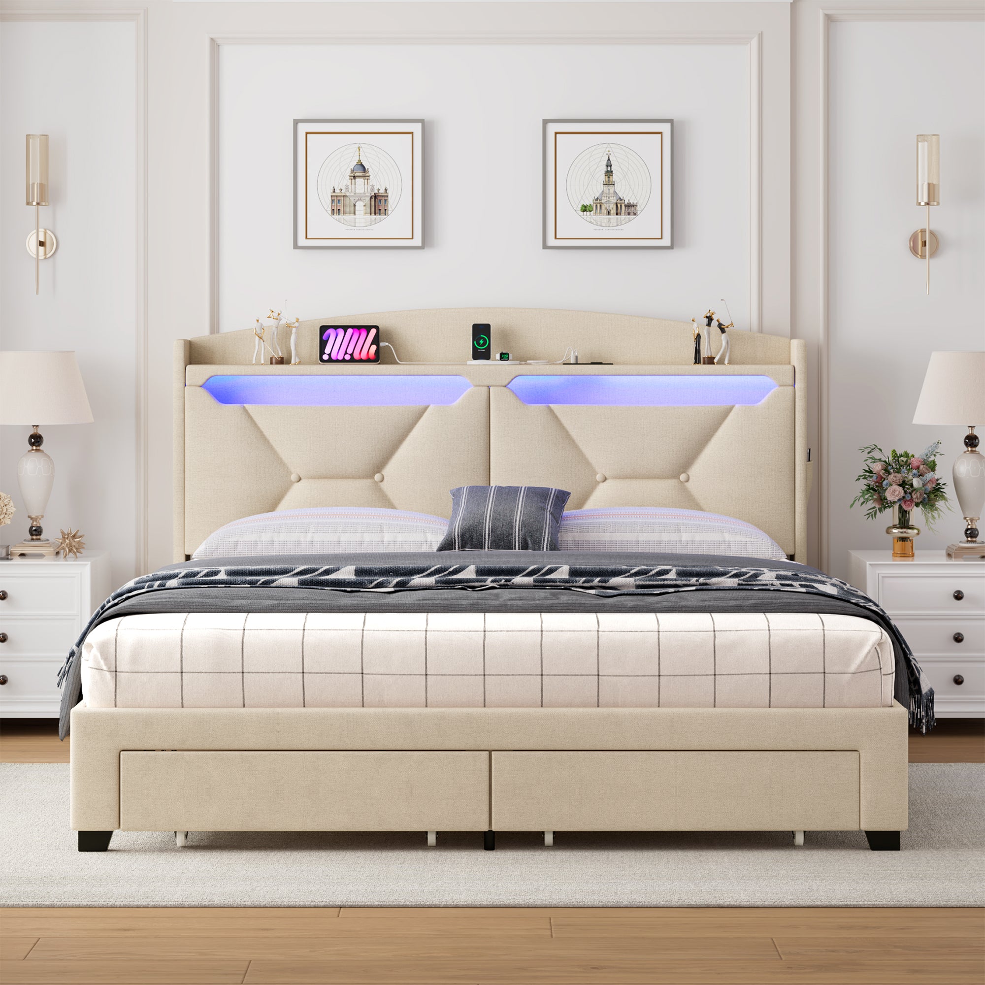 Storage Headboard ,FULL Size with RF LED Lights