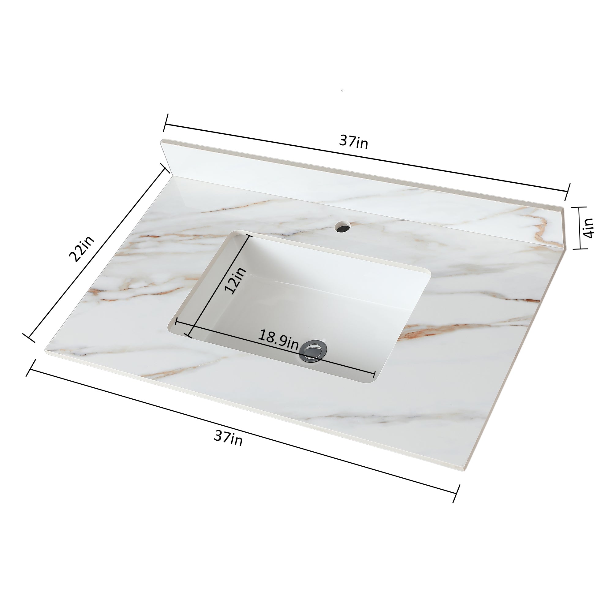 37 Inch Marble Vanity Top, Bathroom Vanity Top with Undermount Rectangular Middle Sink and 4" Height Backsplash, Pre-Drilled  Faucet Hole  Vanity Top, Carrara white with veins