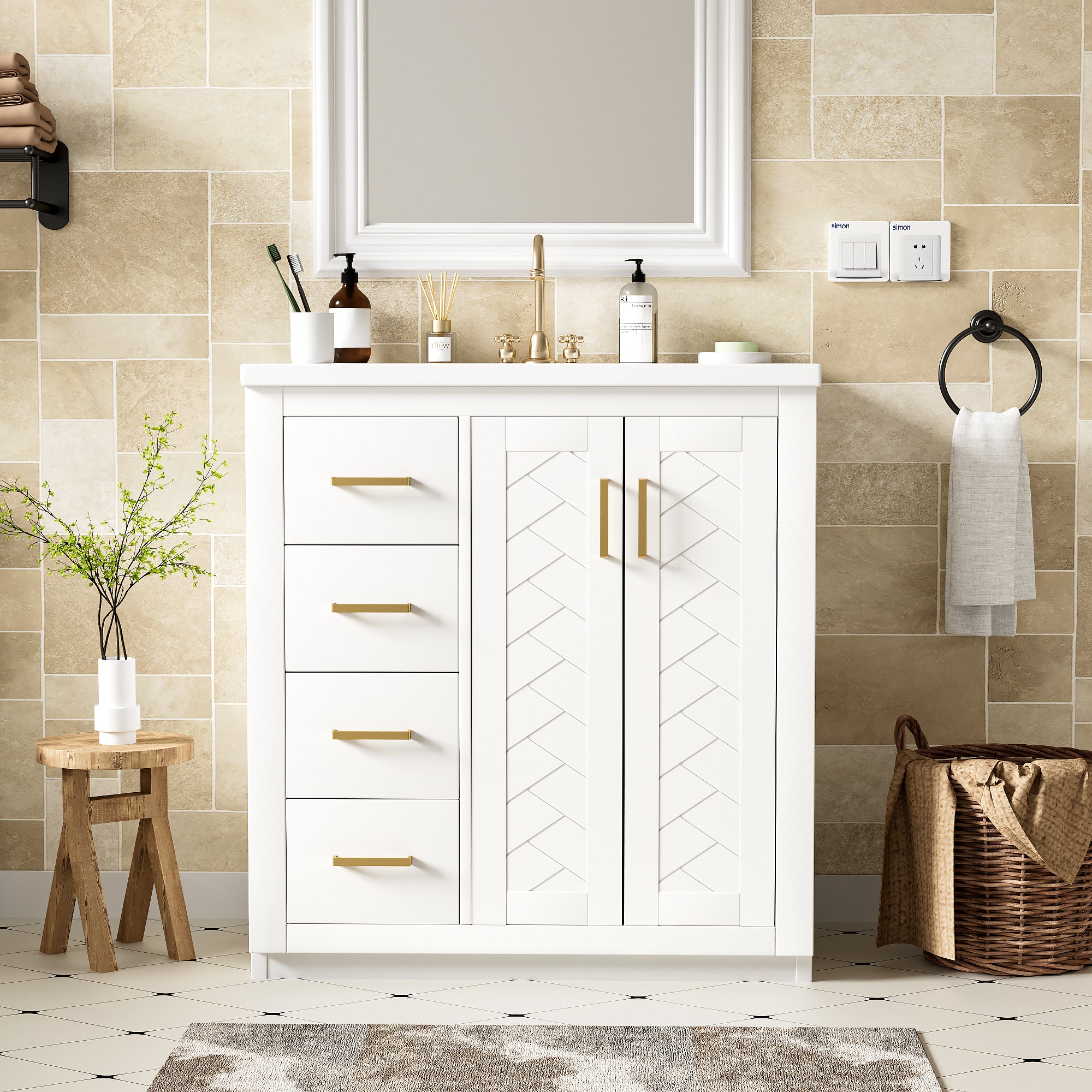 30-inch freestanding bathroom vanity with ceramic sink combo, solid wood frame, front view