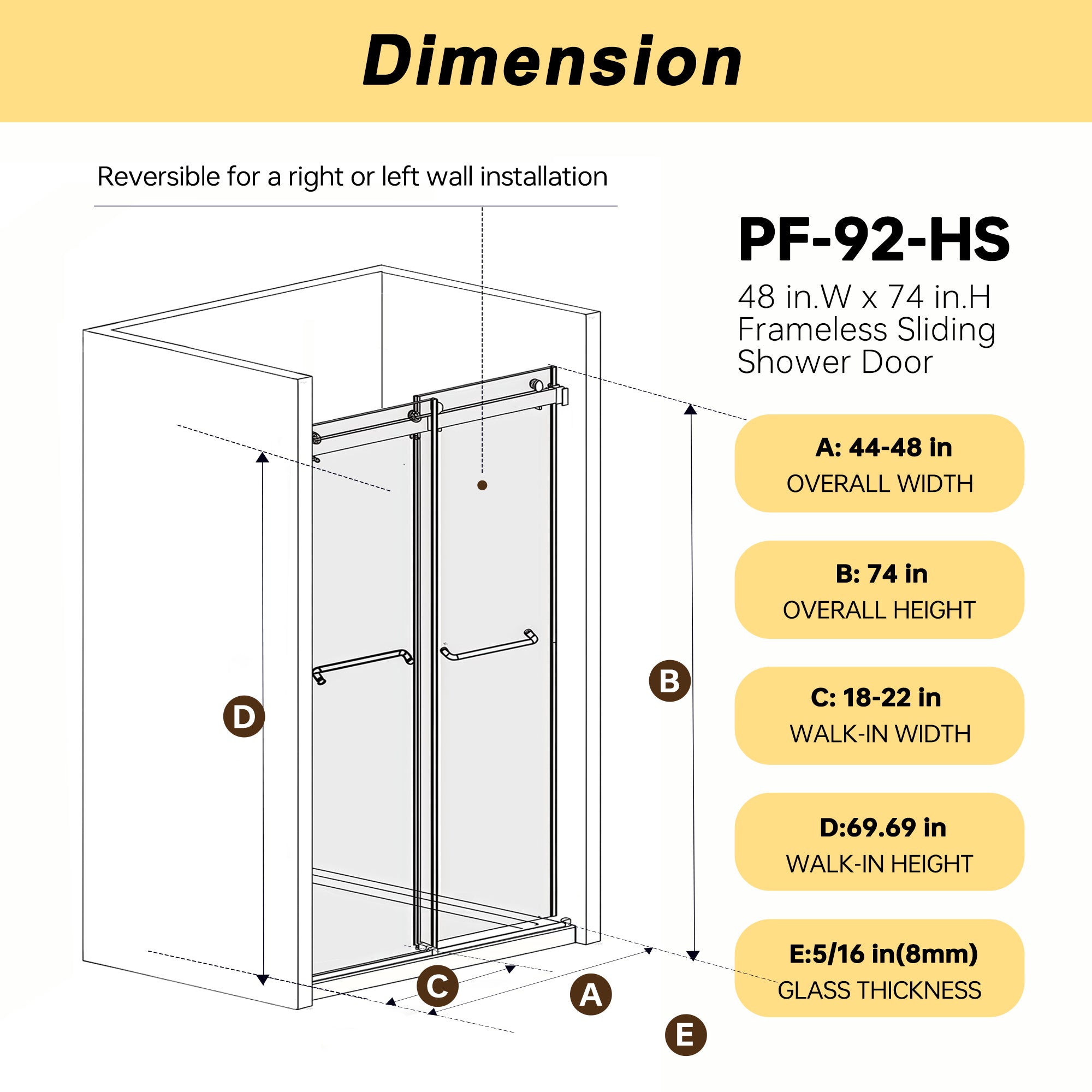 44-48 x 74 in Frameless Double Sliding Shower Door - 44-48 x 74 in / Matte Black view 4
