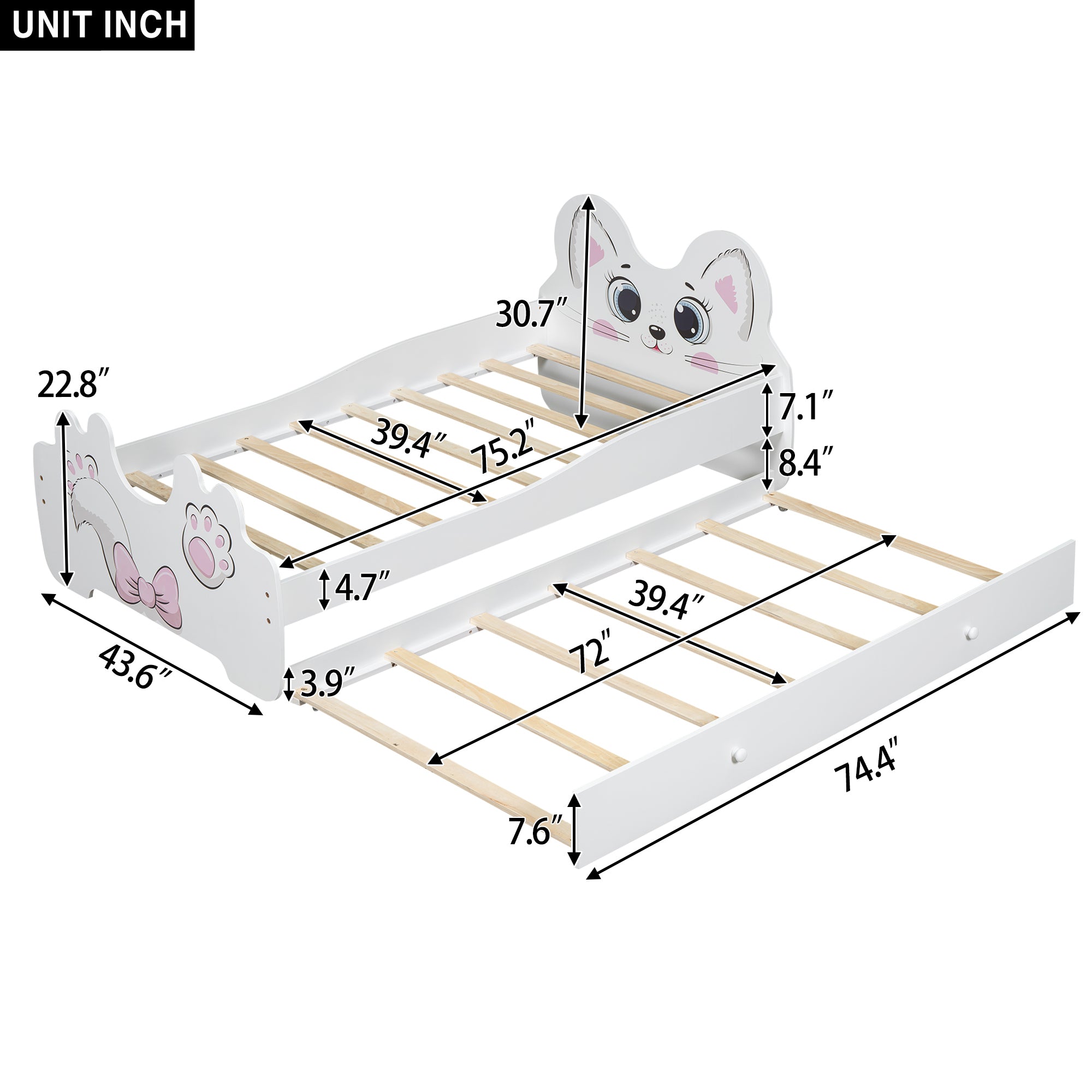 Cartoon Twin Size Platform Bed with Trundle, White