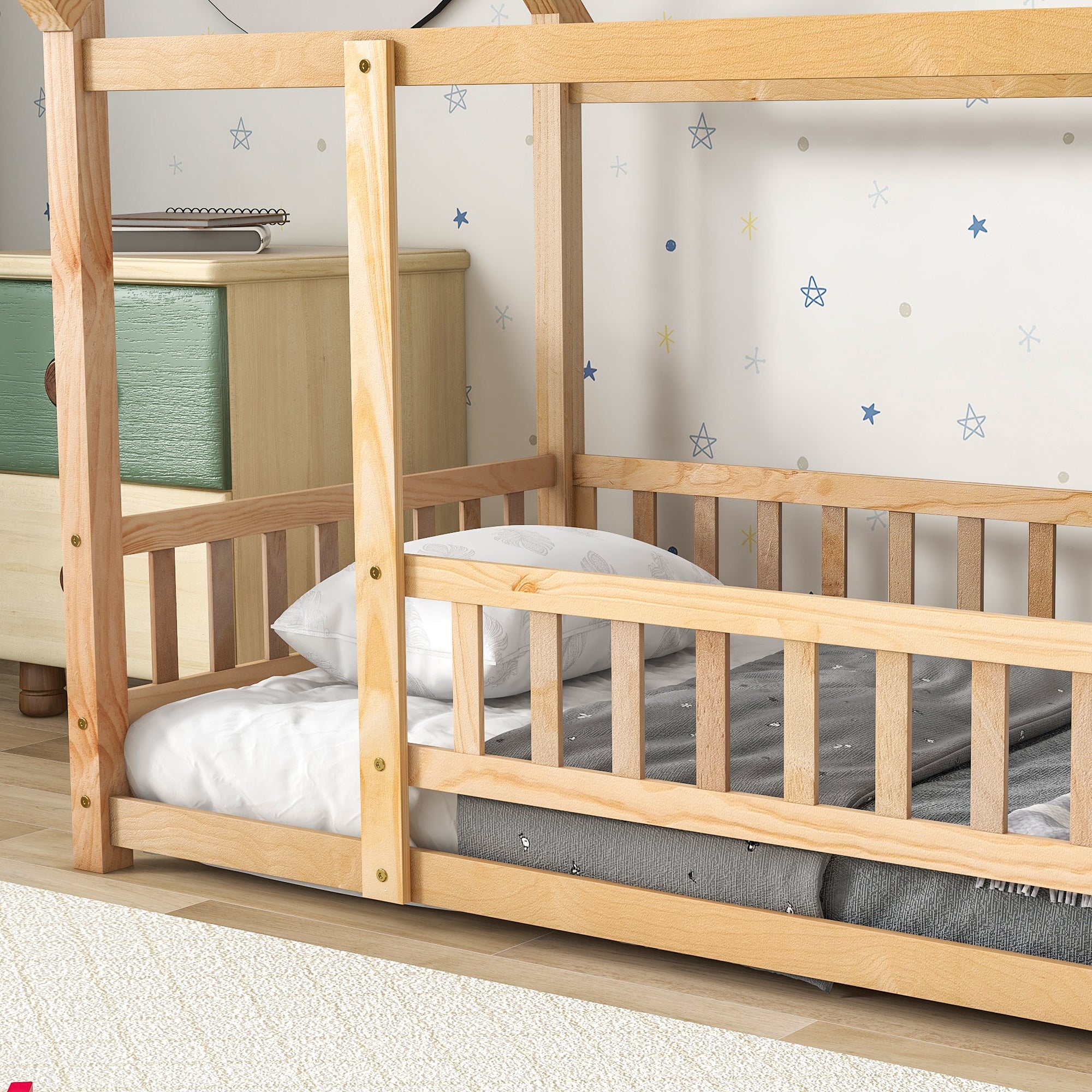 Twin Size Floor Wooden Bed with House Roof Frame, Fence Guardrails,(Old SKU:W504105240)