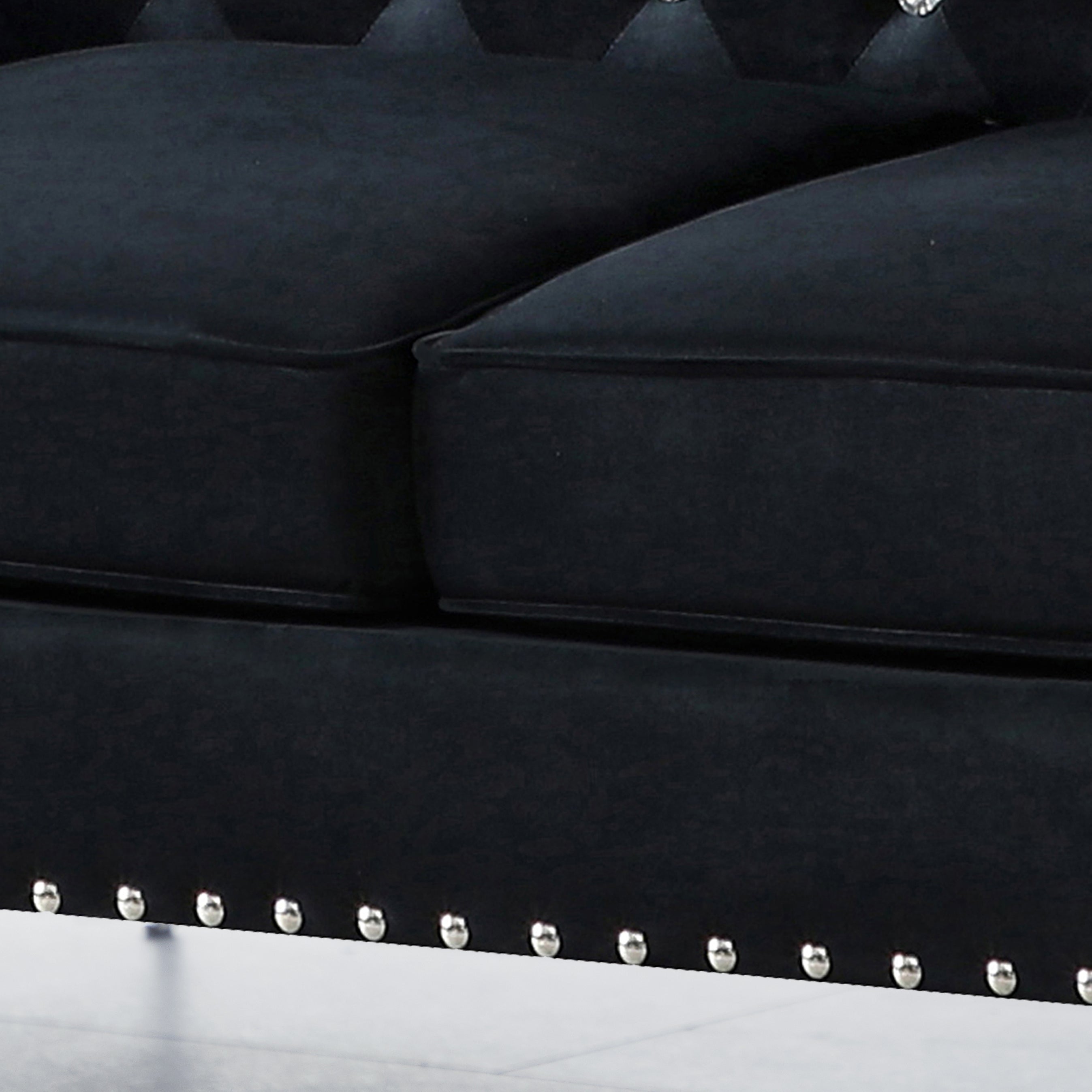 82.3" Width Modern Velvet Sofa Jeweled Buttons Tufted Square Arm Couch Black,2 Pillows Included