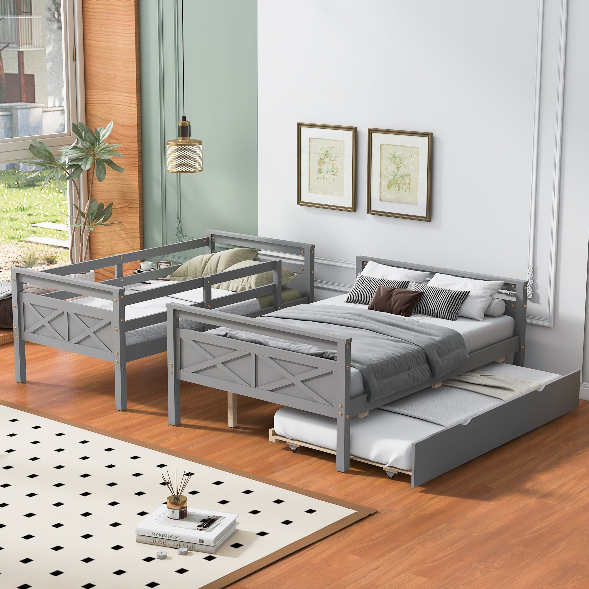 Twin over full bunk bed with trundle in shared bedroom