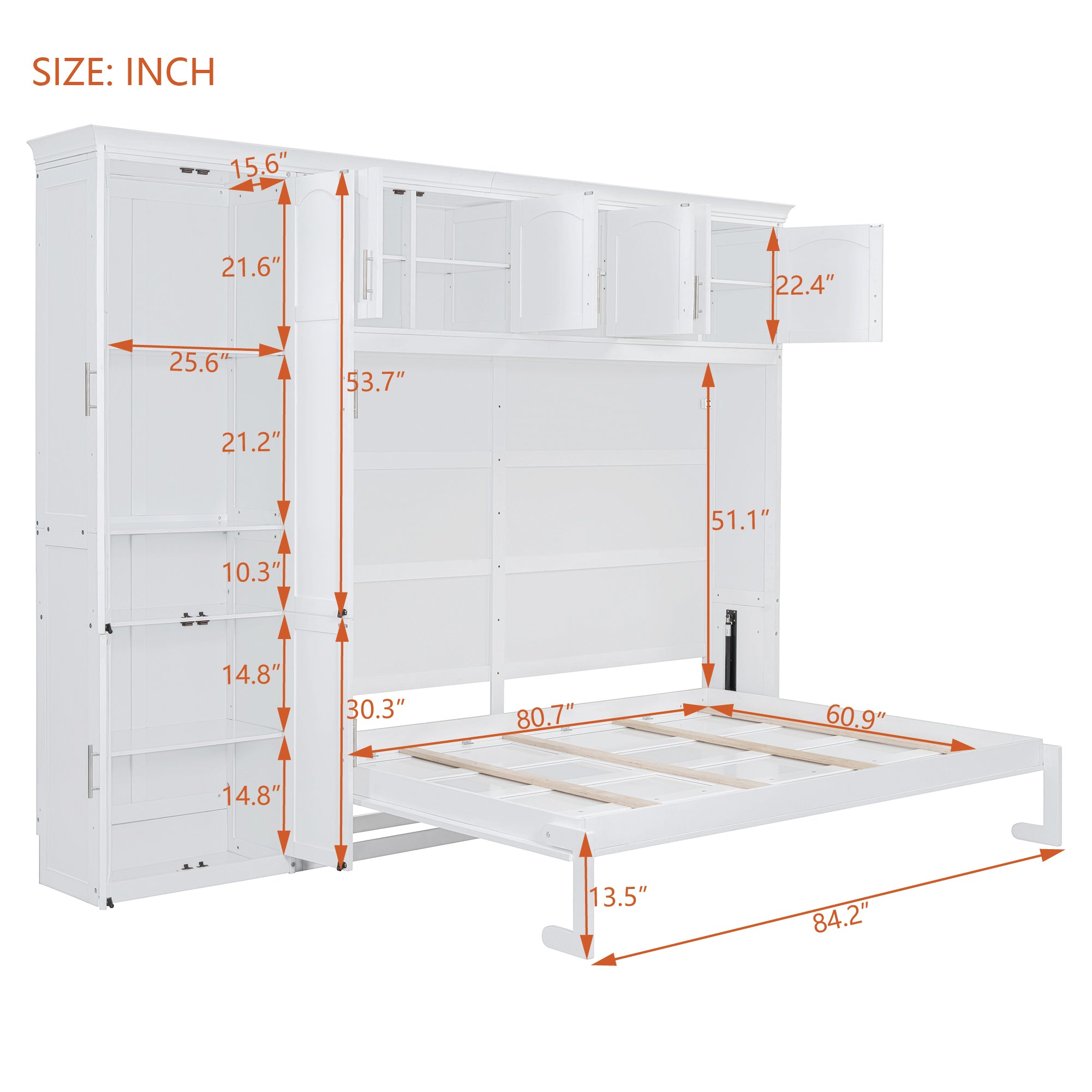 Queen Size Murphy Bed Wall Bed with Cabinets,White