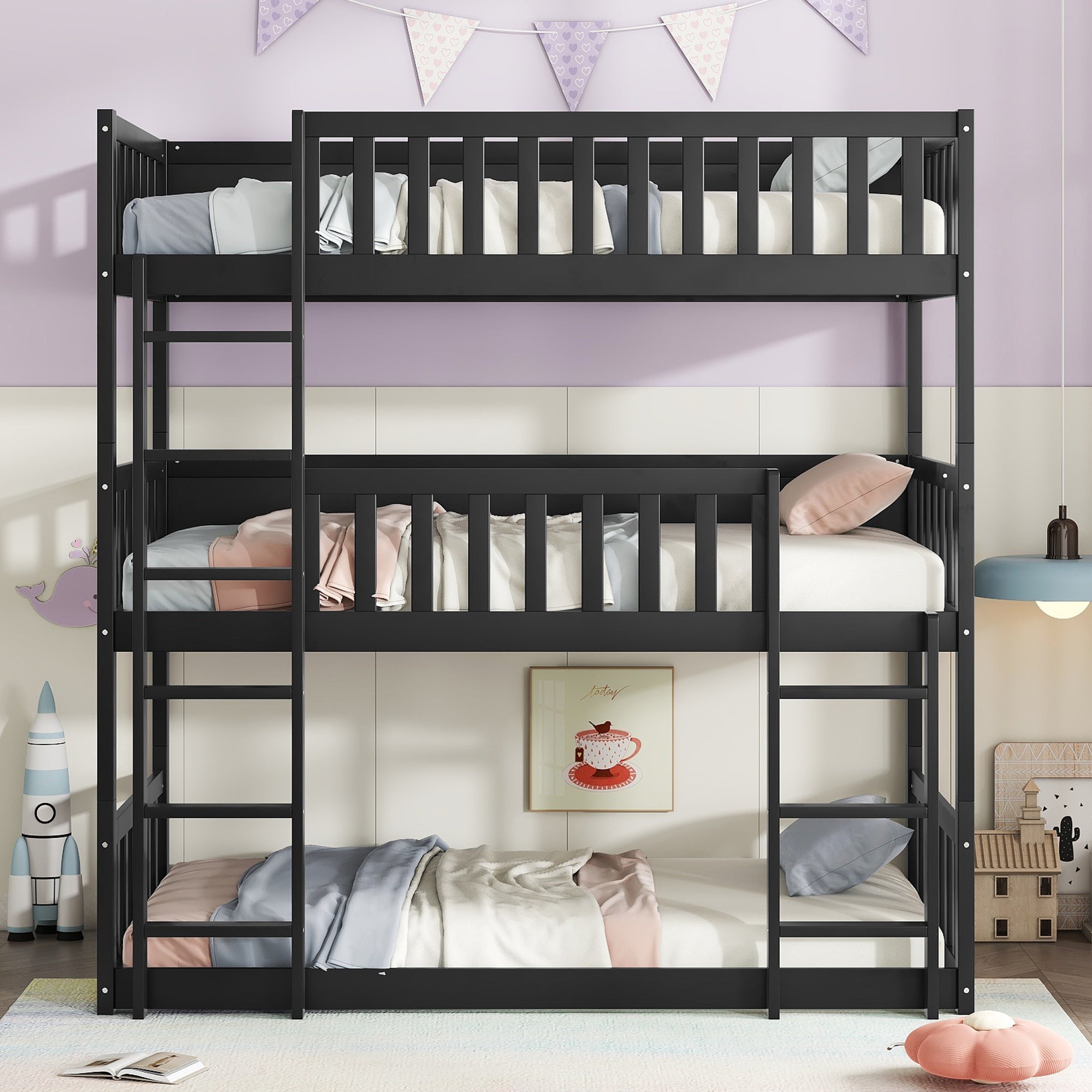 Twin triple bunk bed, black, side profile showing three sleeping tiers