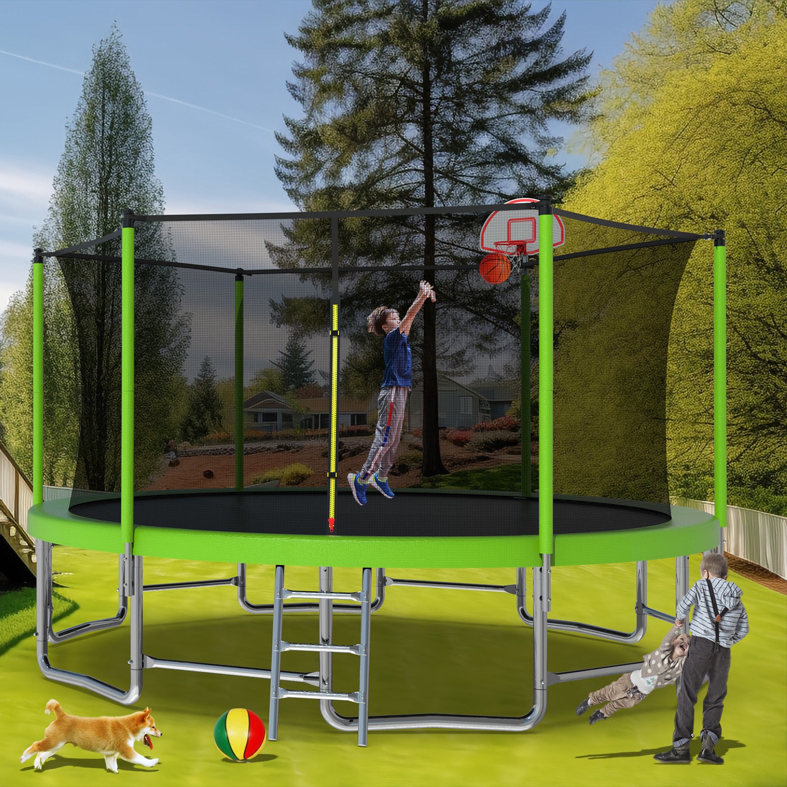 16FT Trampoline with Balance Bar & Basketball Hoop&Ball, ASTM Approved Reinforced Type Outdoor Trampoline with Enclosure Net