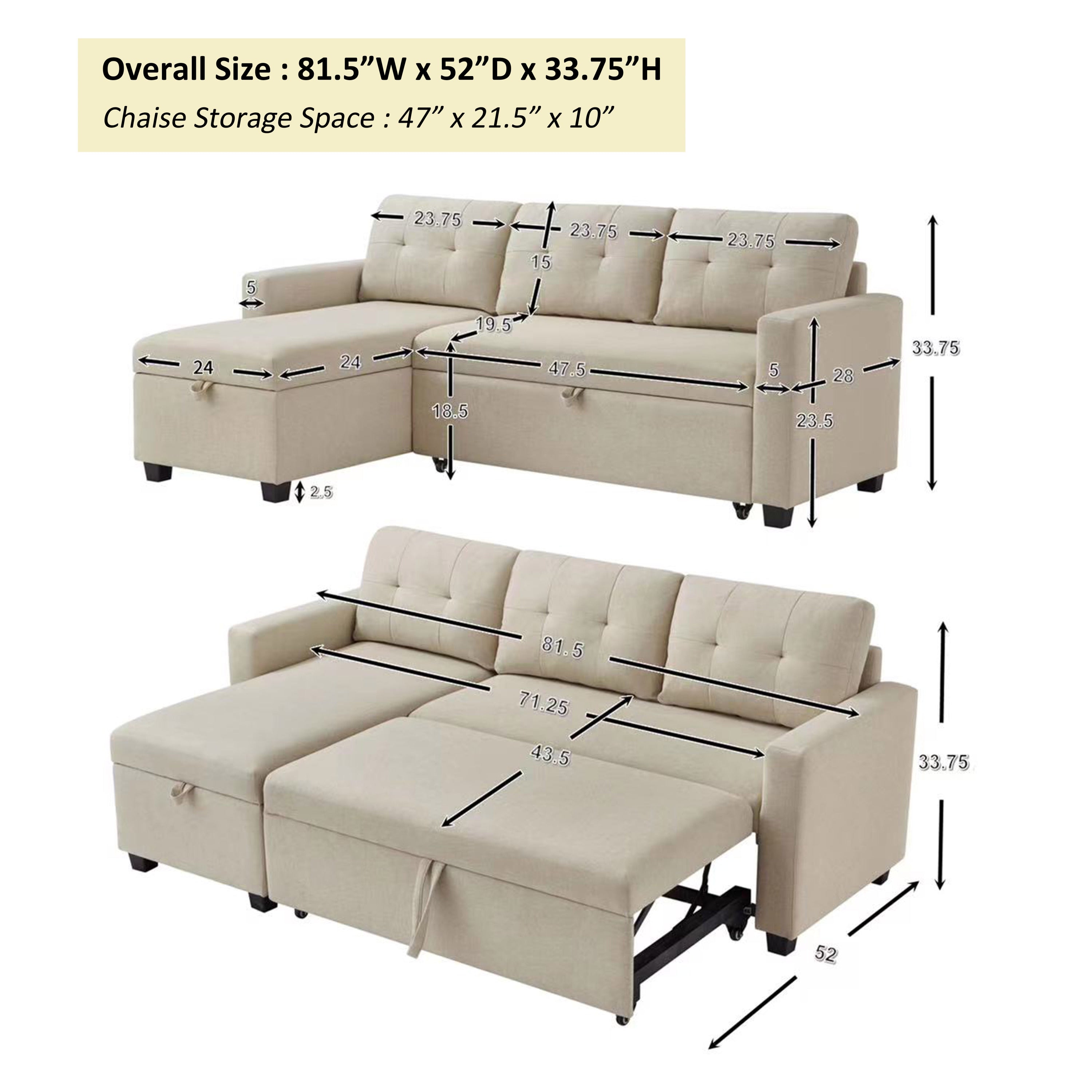 Upholstered Pull Out Sectional Sofa with Storage Chaise, Convertible Corner Couch, Beige