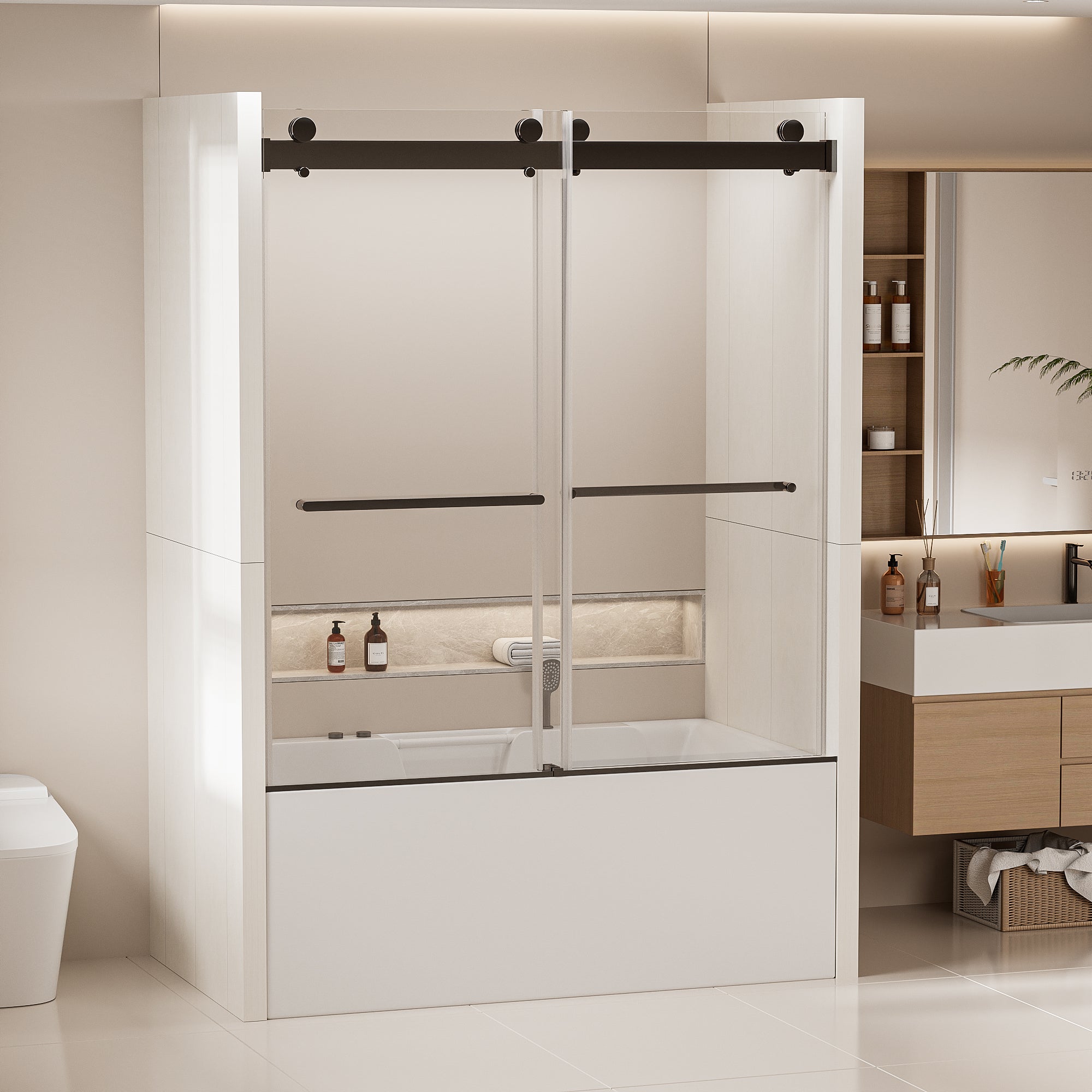 56-60"W x 62"H Frameless Double Sliding Tub Door, Bypass Tub Shower Door Soft Closing, Matte Black 24D02-T60MBX