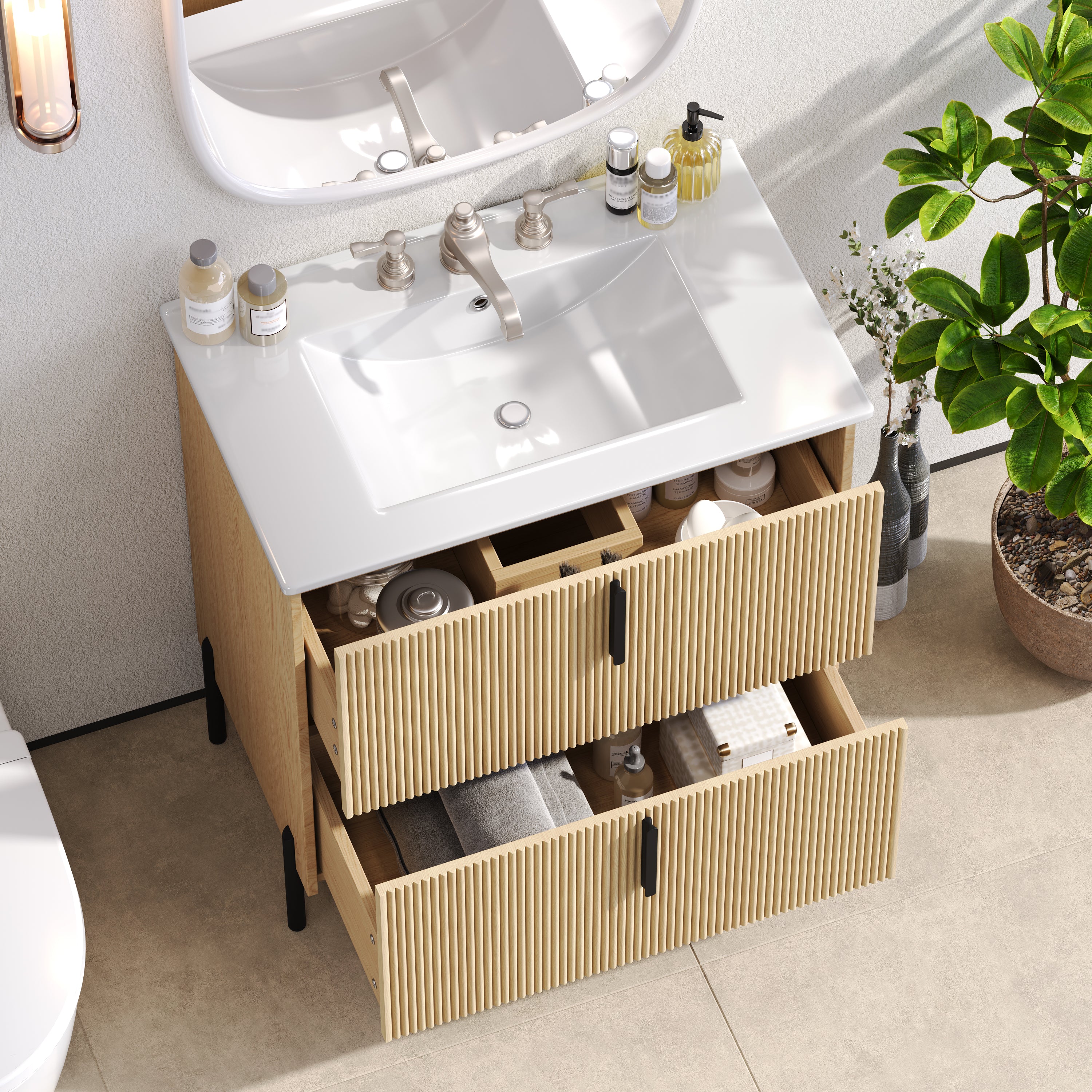 30-inch natural bathroom vanity ceramic sink top detail