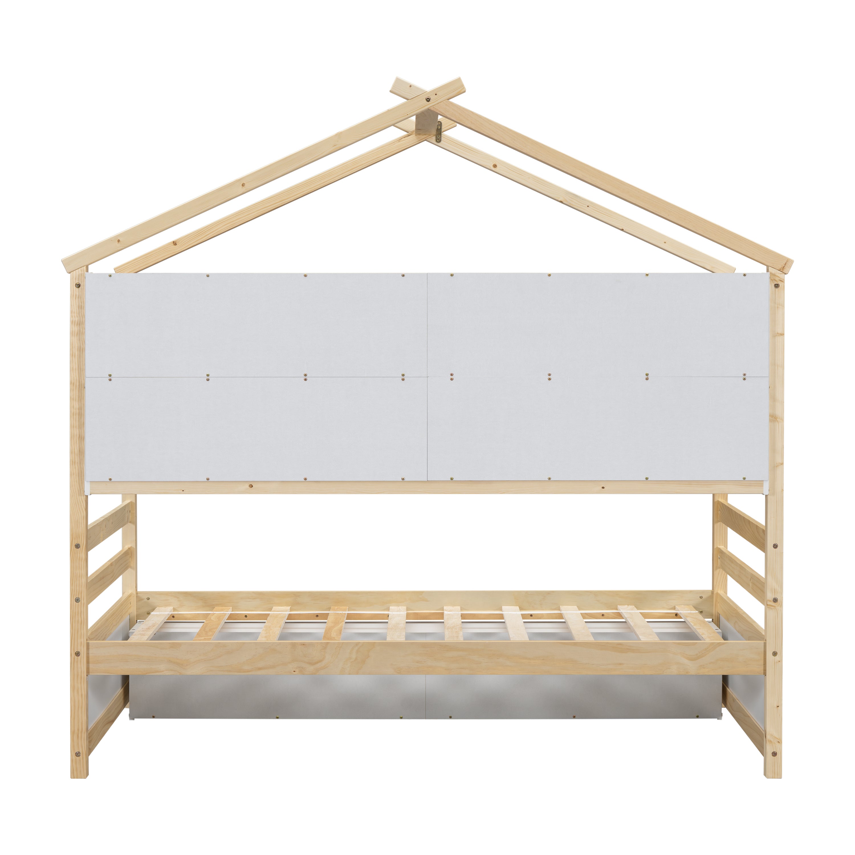 Twin House Bed with Roof Frame, Bedside-shelves, Under Bed Storage Unit,Natural