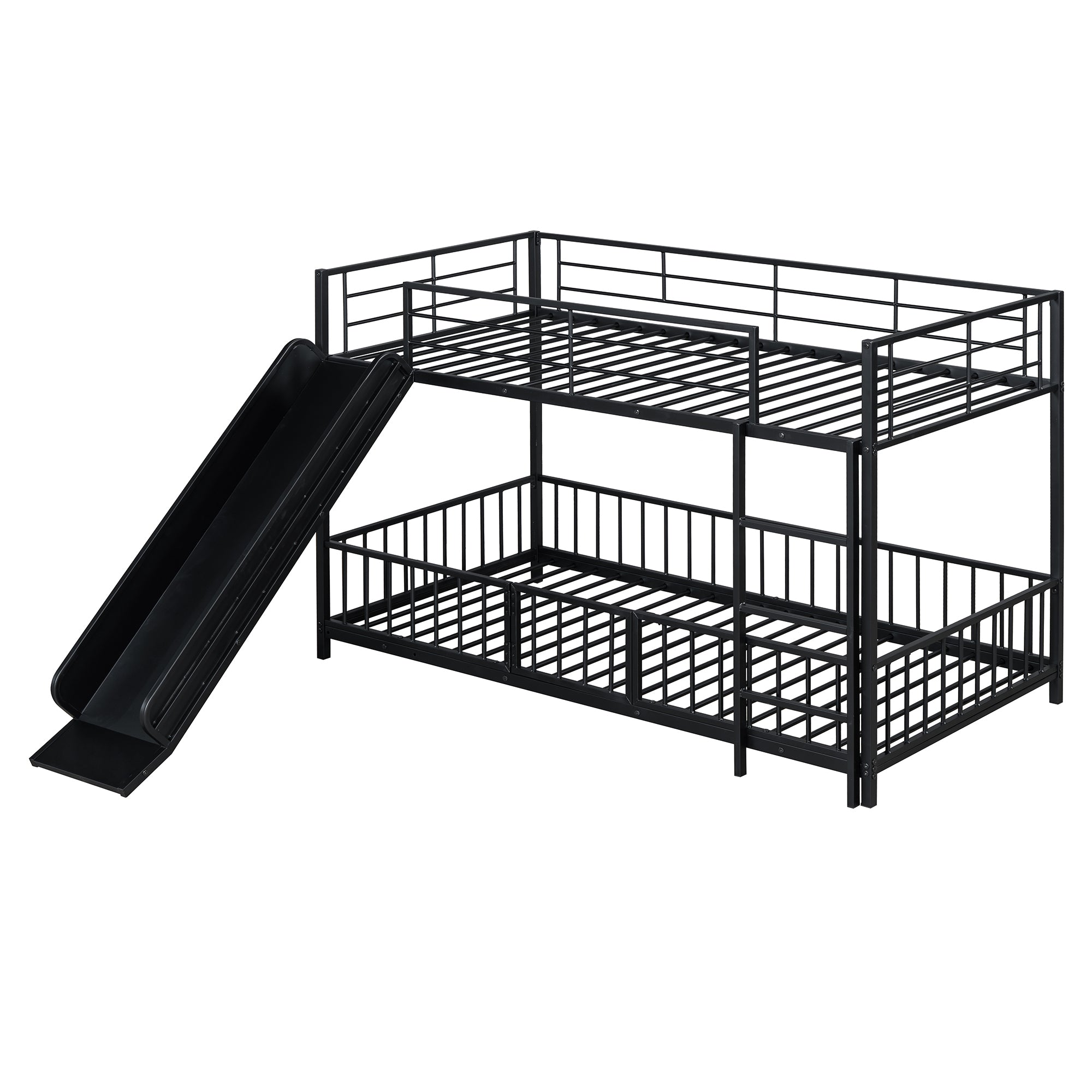 Twin over Twin Size Metal Bunk Bed with Slide and Guardrails, Black