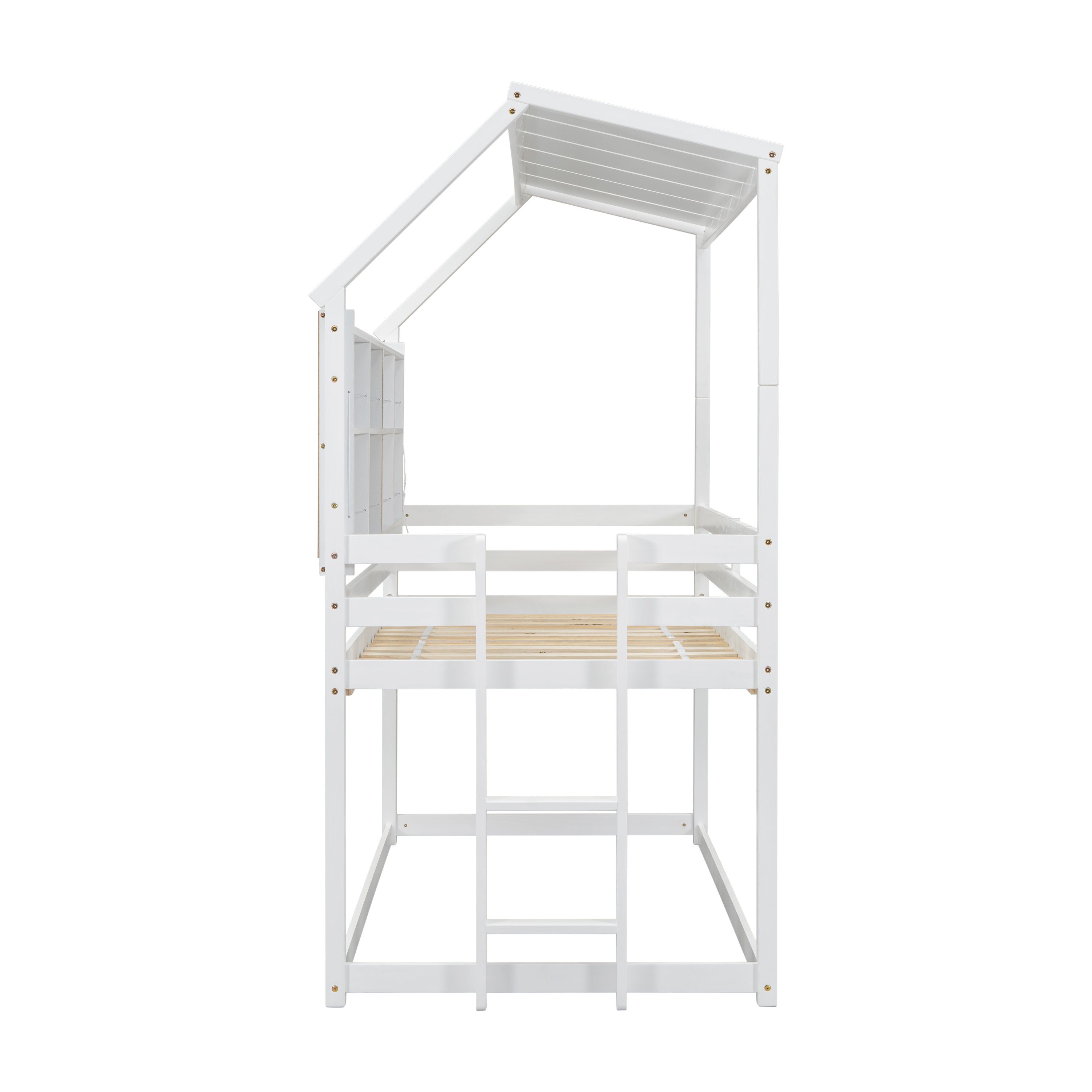 Twin Over Twin Low Bunk Bed with House Semi-enclosed Roof,Guardrails, Bedside Shelves and Ladder, White