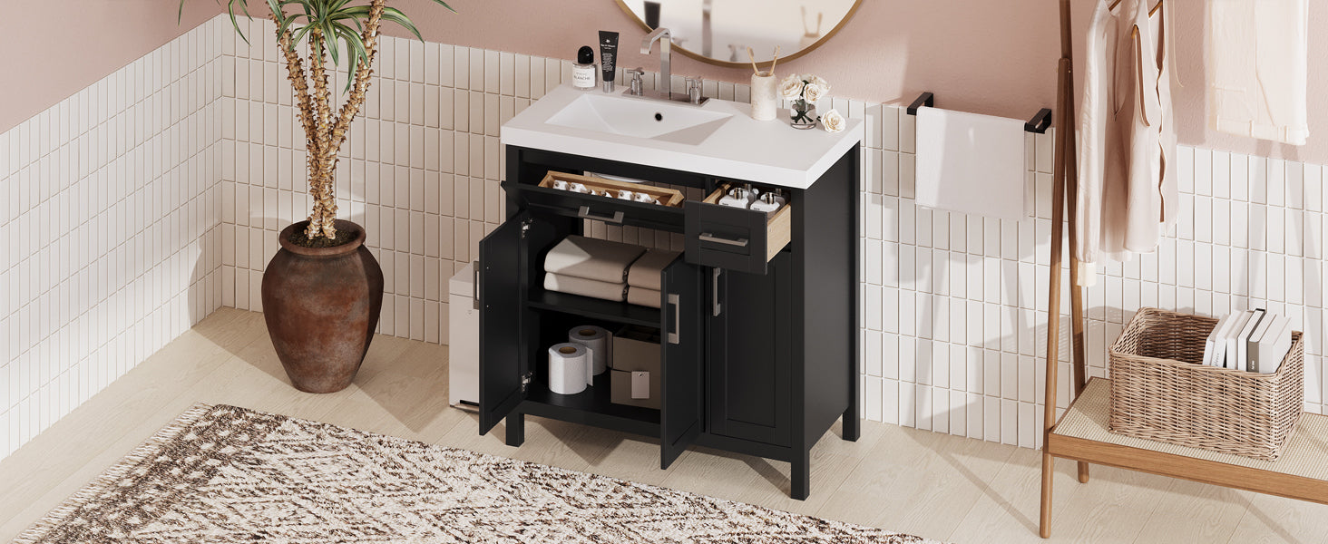 36" Black Bathroom Vanity Cabinet with Resin Integrated Sink - 2 Drawers, 3 Doors