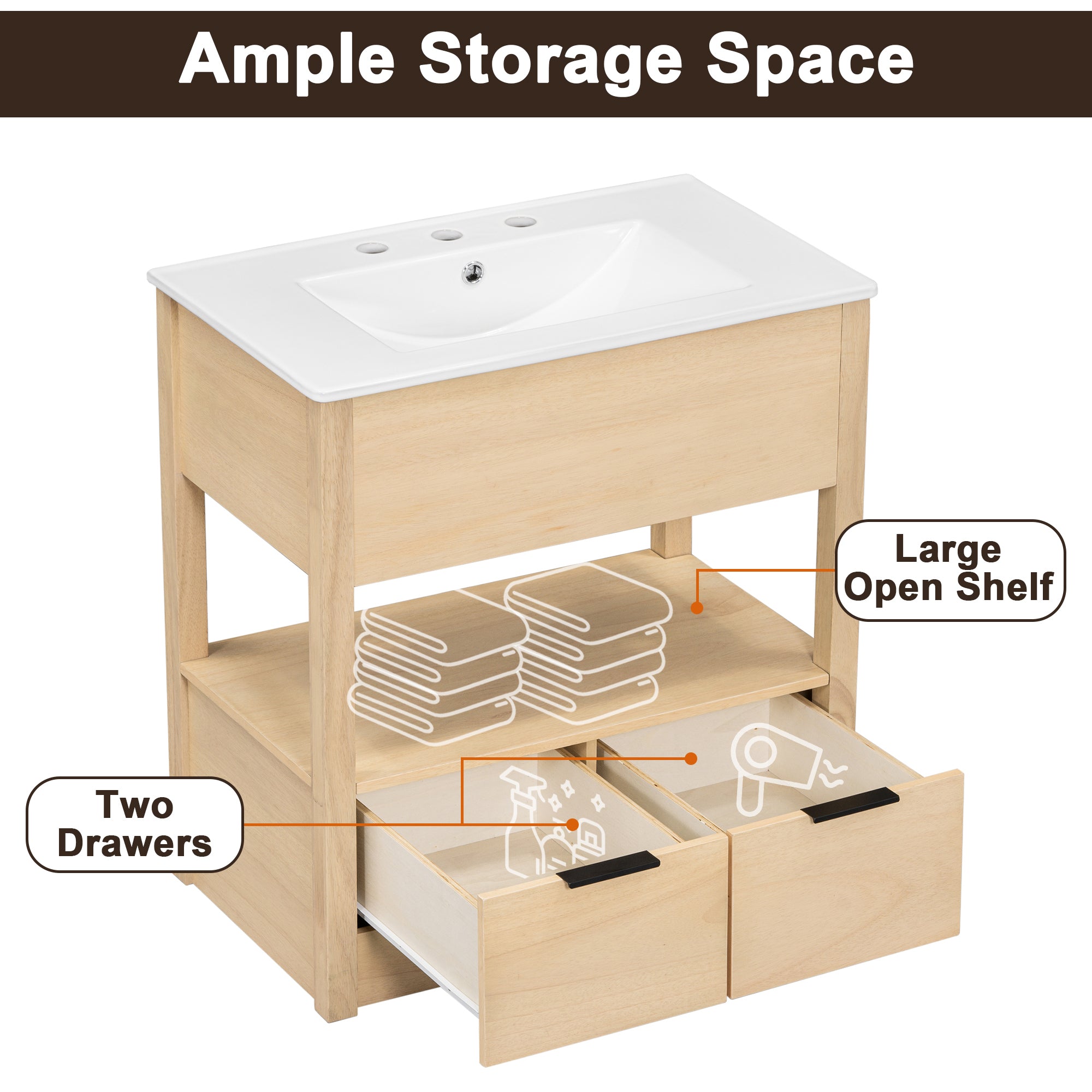 30" Bathroom Vanity with Sink Top, Bathroom Cabinet with Open Storage Shelf and Two Drawers, One Package, Natural (Old Sku:WF311619AAD)