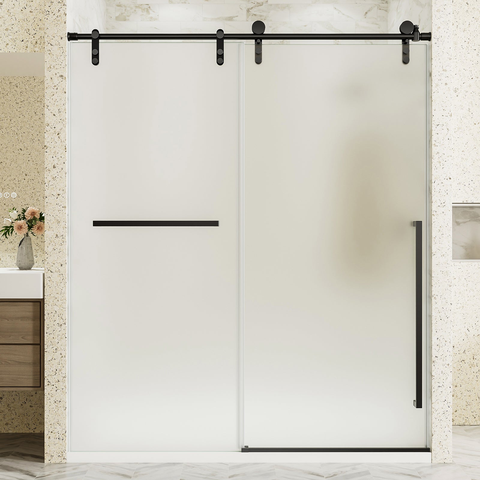 56-60 x 75 in Frosted Frameless Sliding Shower Door - 56-60 x 75 in / Matte Black / Frosted Glass view 2