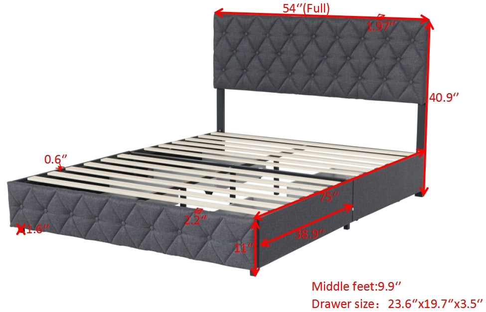 Full Size Upholstered Platform Bed Frame with 4 Storage Drawers, Adjustable Linen Headboard, Wooden Slats Support, No Box Spring Needed, Easy Assembly,Grey