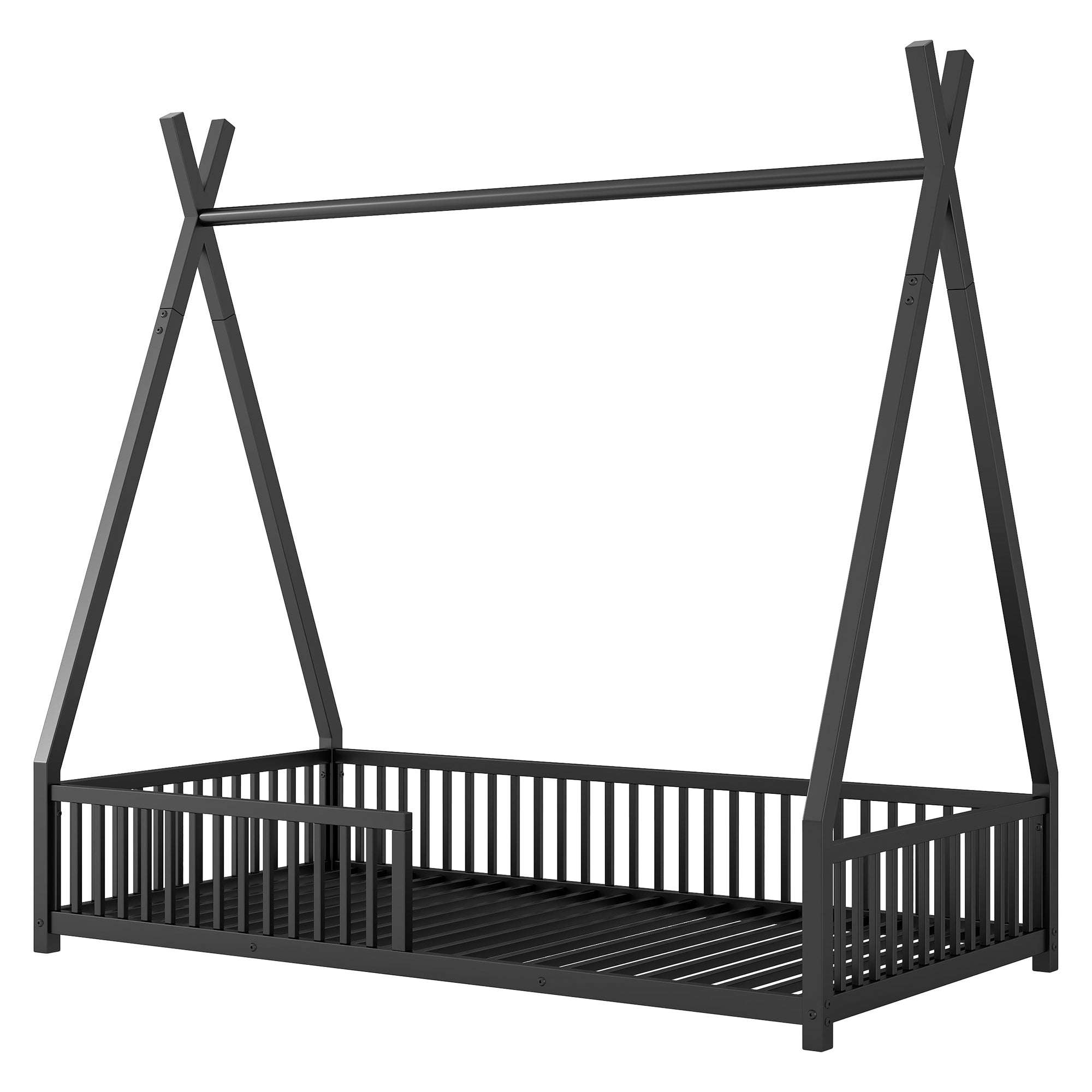 Metal Twin Size House Platform Bed with Triangle Structure and Guardrail, Black