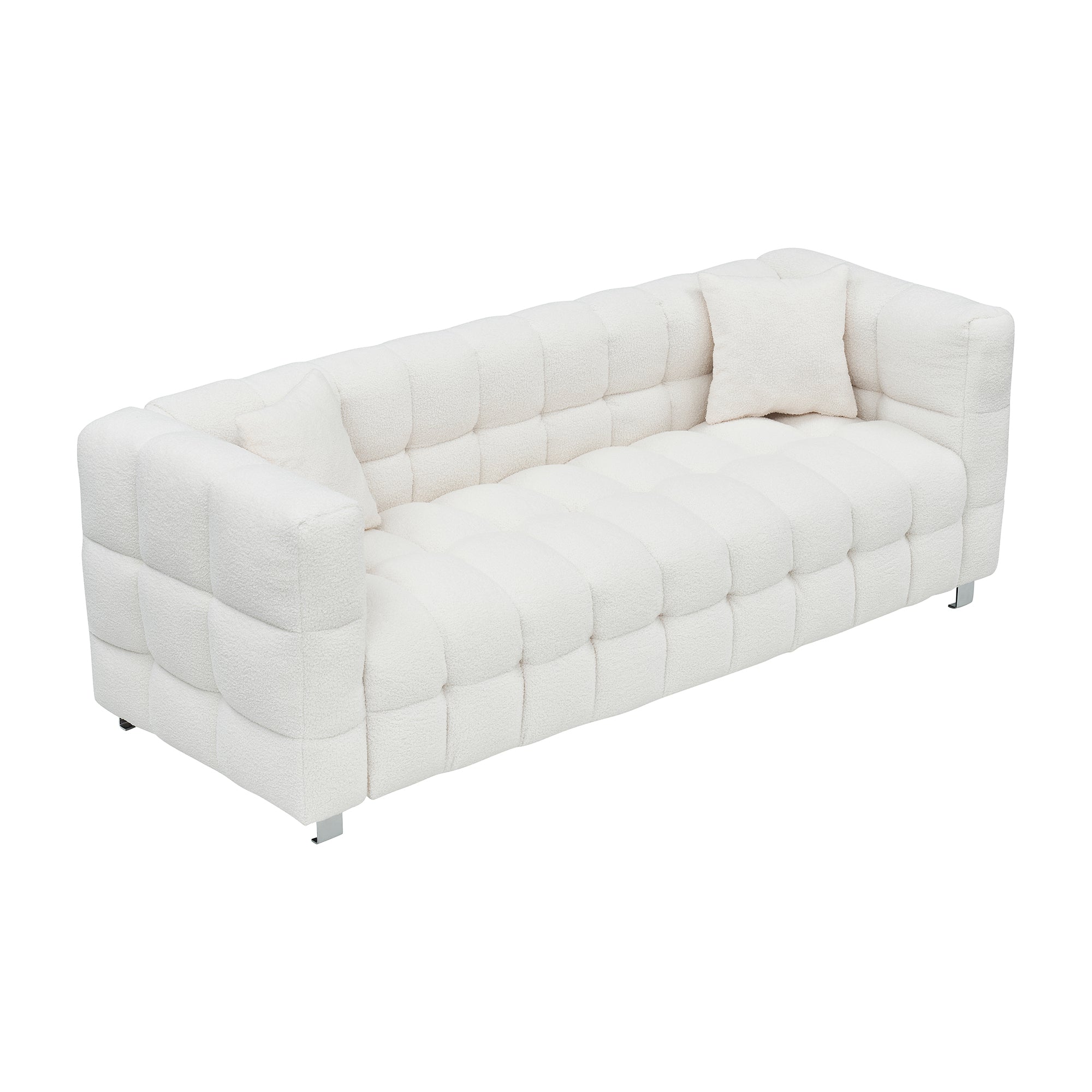 Sophisticated Comfort: Beige White Teddy Plush Sofa - 80 Inch, Perfect for Living Room or Bedroom, Includes Two Throw Pillows and Heavy-Duty Hardware Foot Support