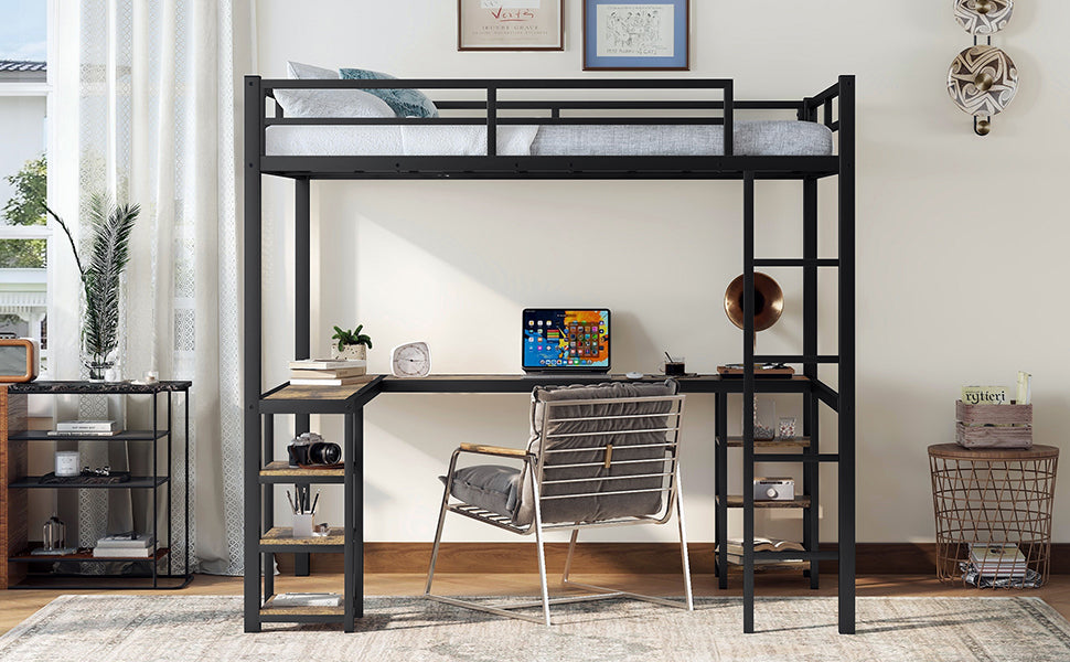 Full Metal Loft Bed with Desk and Shelves, Loft Bed with Ladder and Guardrails, Loft Bed Frame for Bedroom, Black with Vintage Wood-colored desk