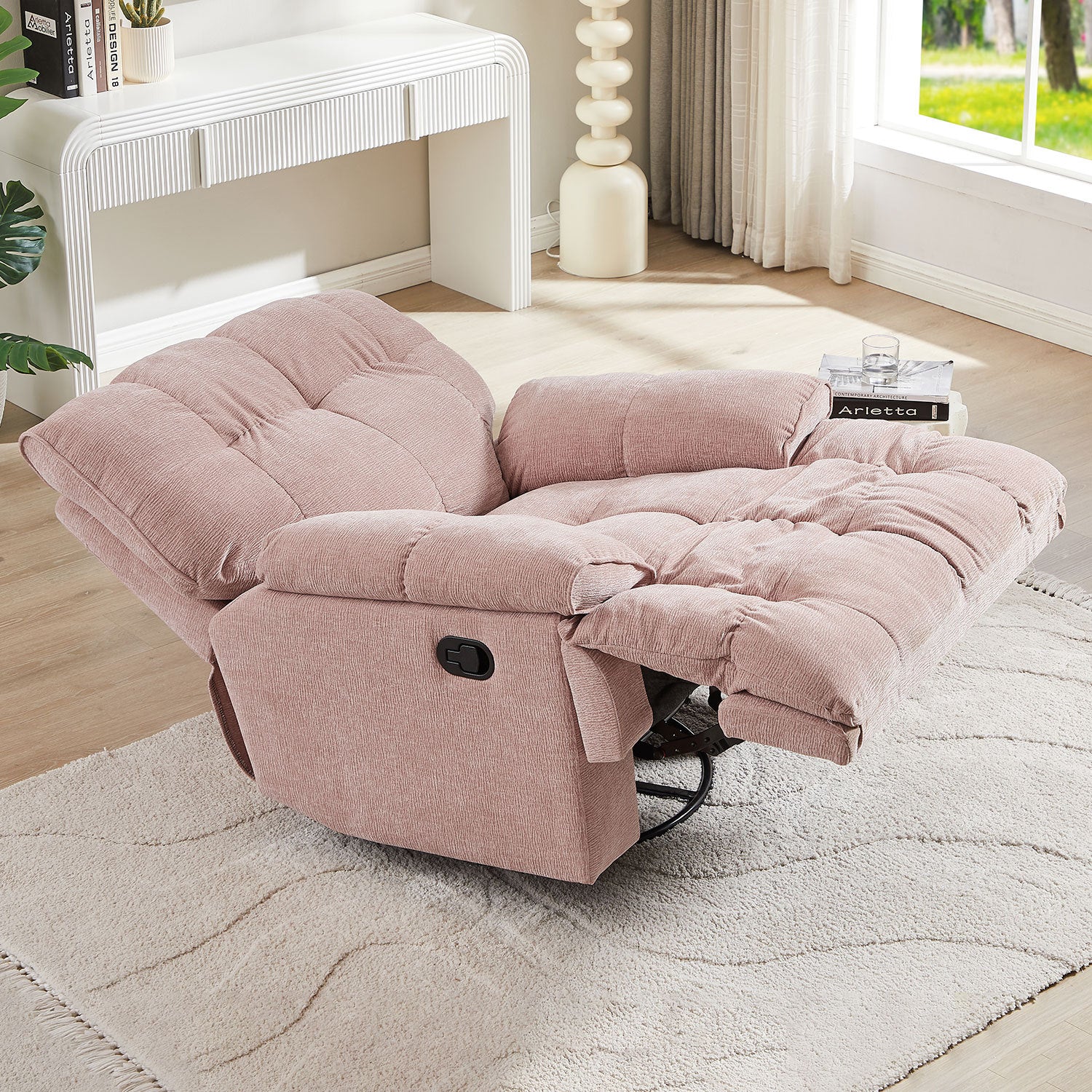 Ergonomic Glider 360 Degree Swivel Chair, Overstuffed Manual Rocking Recliner for Living Room PINK