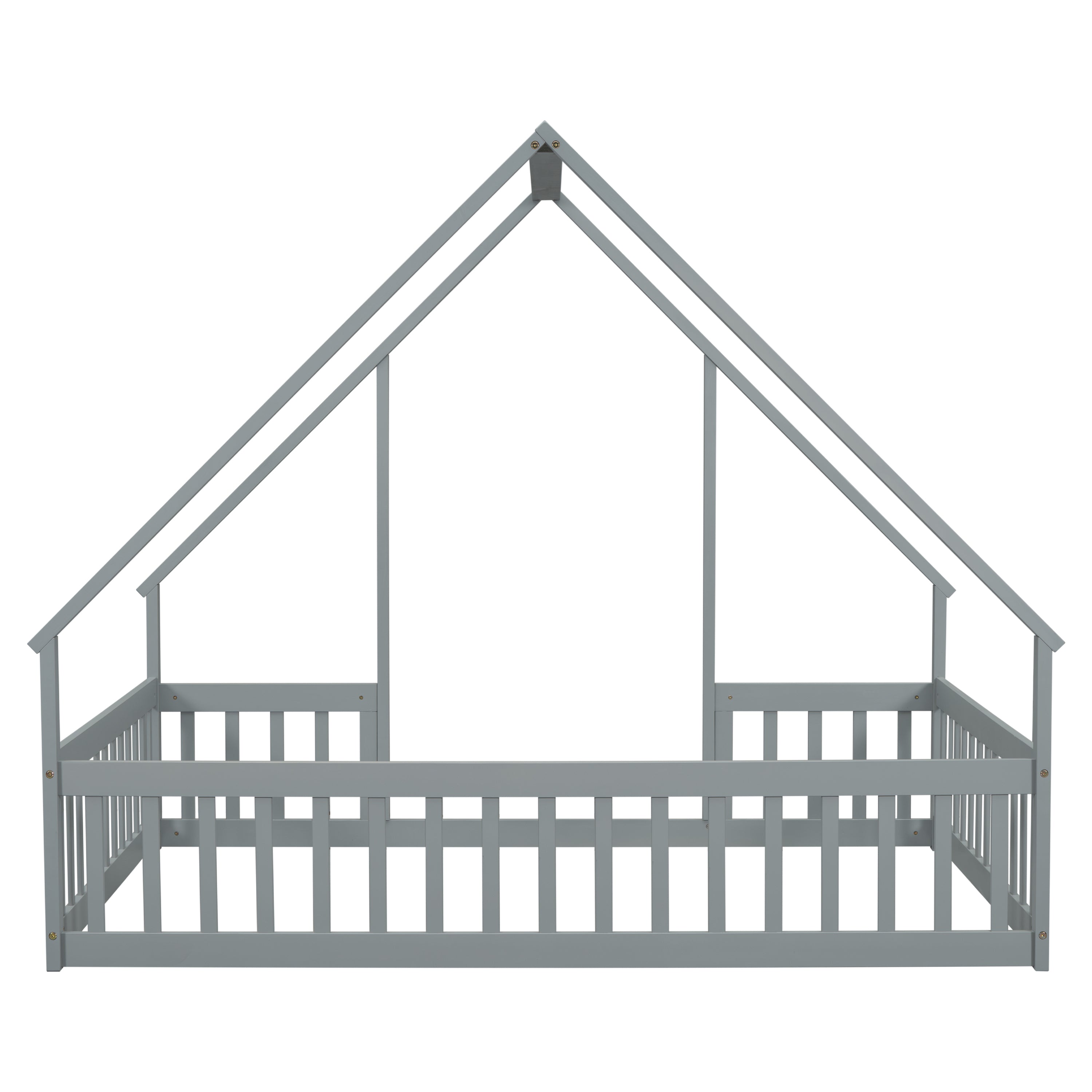 Full Wood House-Shaped Floor Bed with Fence, Guardrails,Grey