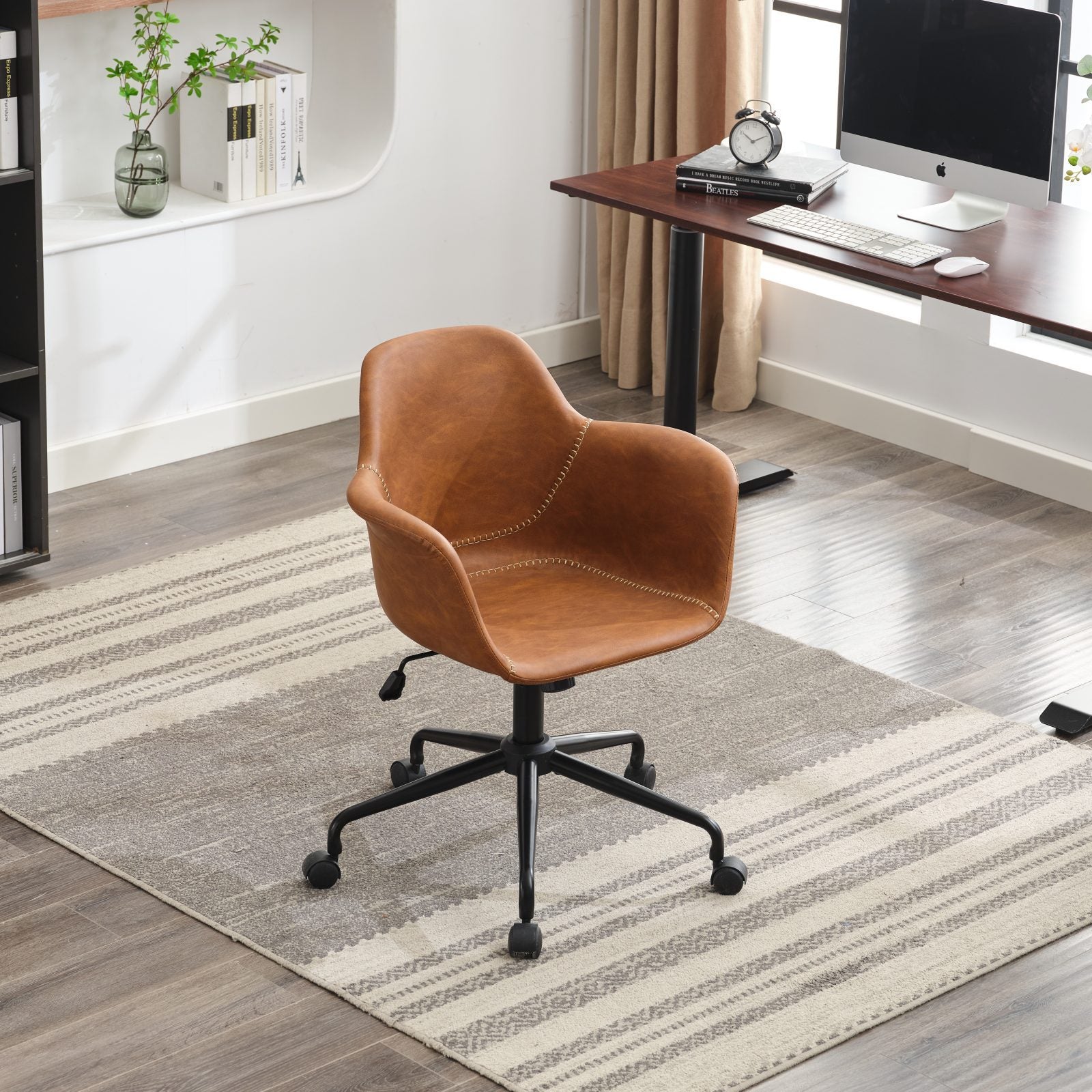 Mid-Century Modern Office Chair,Rolling Swivel Height Adjustable Ergonomic Chair with Frame/Arms ,Back Support Home Desk Chair for Living Room,Studying (Brown)