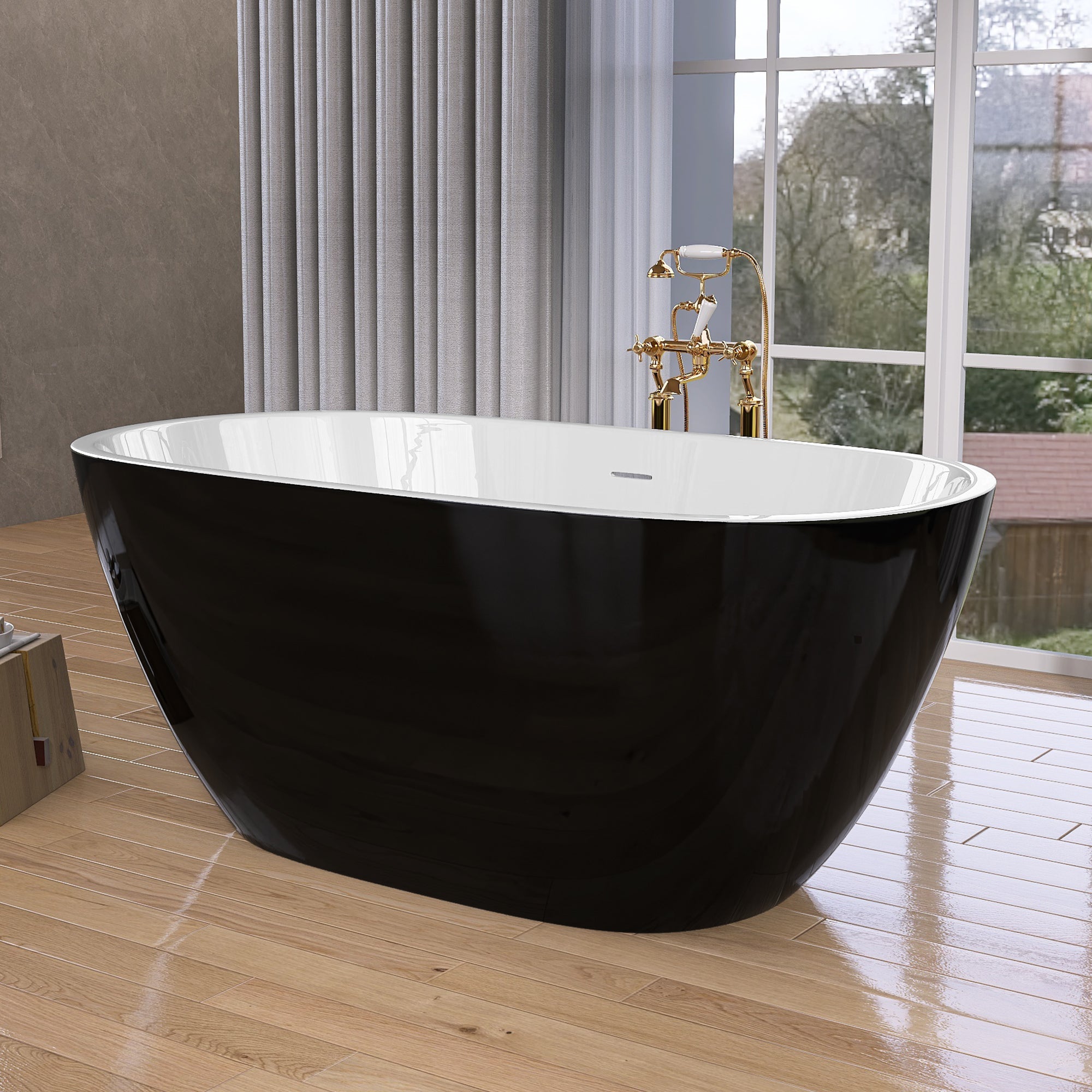 55" Acrylic Freestanding Bathtub Modern Stand Alone Soaking Bathtub with Overflow and Pop-up Drain Gloss Black