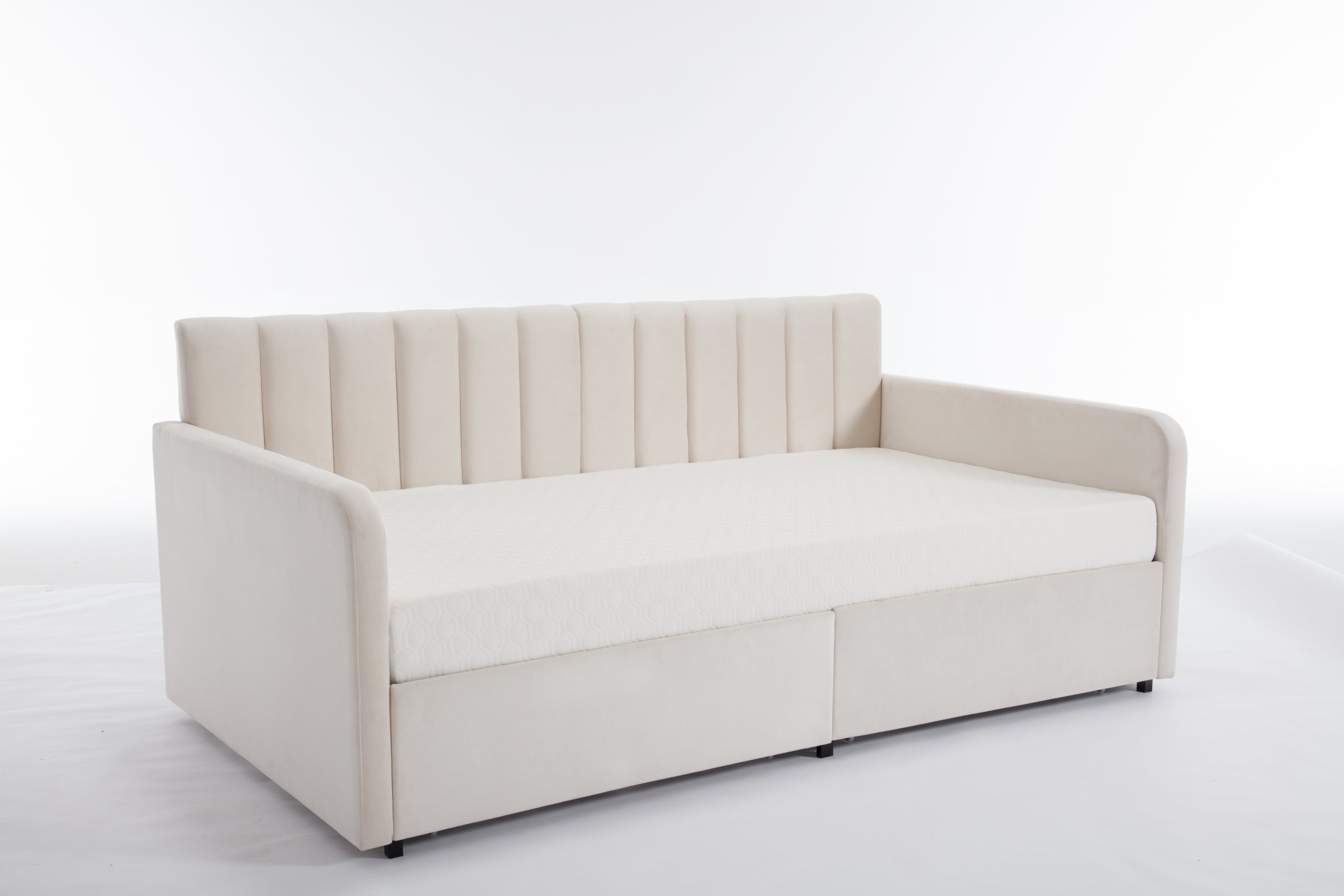 Flora Upholstered Daybed with 2 Drawers, Twin, Ivory Velvet, Ribbed Tufted Backrest, Daybed in Lavish Modern Design