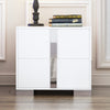 White mirrored nightstand with 2 drawers and metal legs, front view