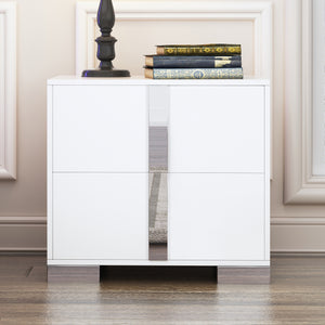 White mirrored nightstand with 2 drawers and metal legs, front view