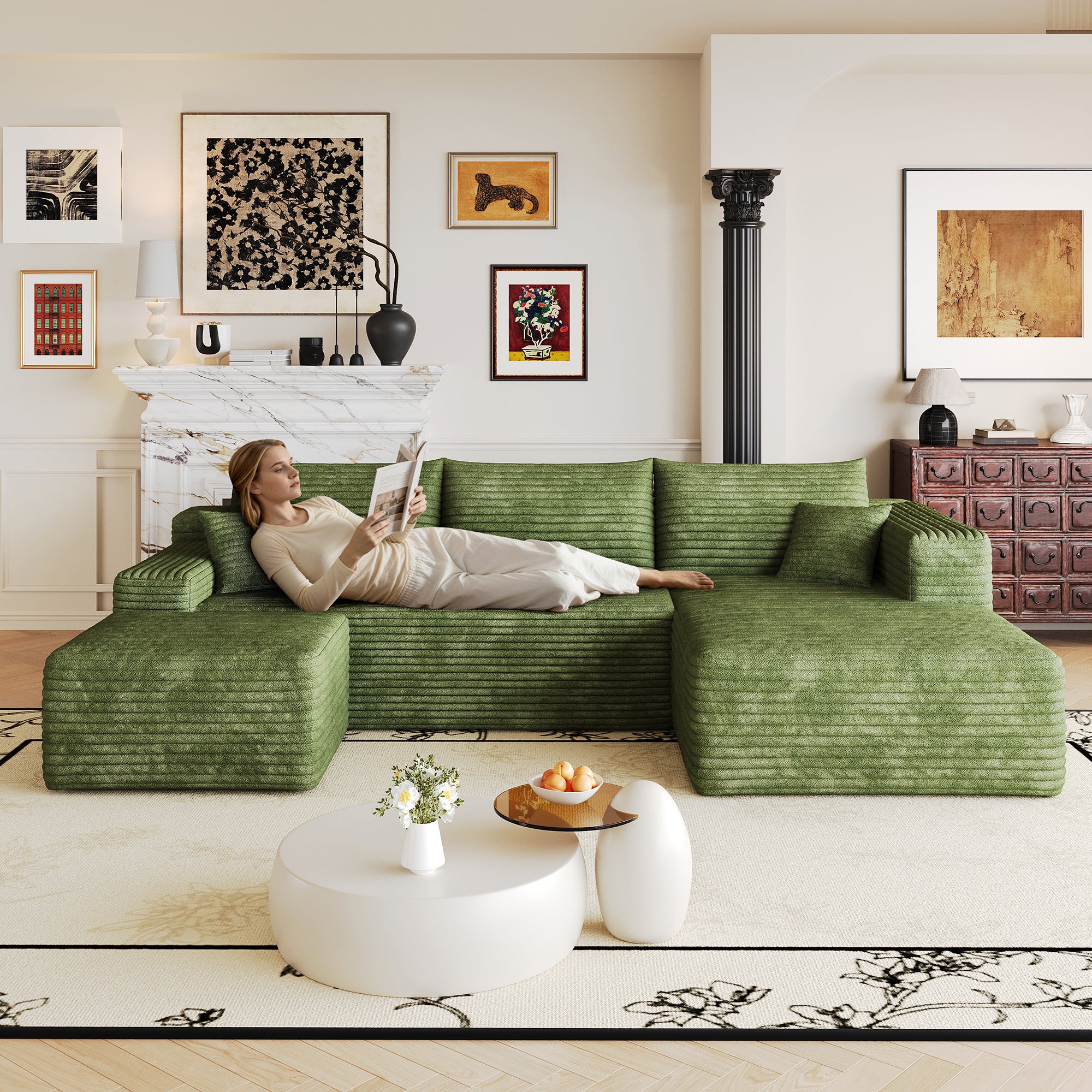Green corduroy sectional sofa, deep-seat corner detail