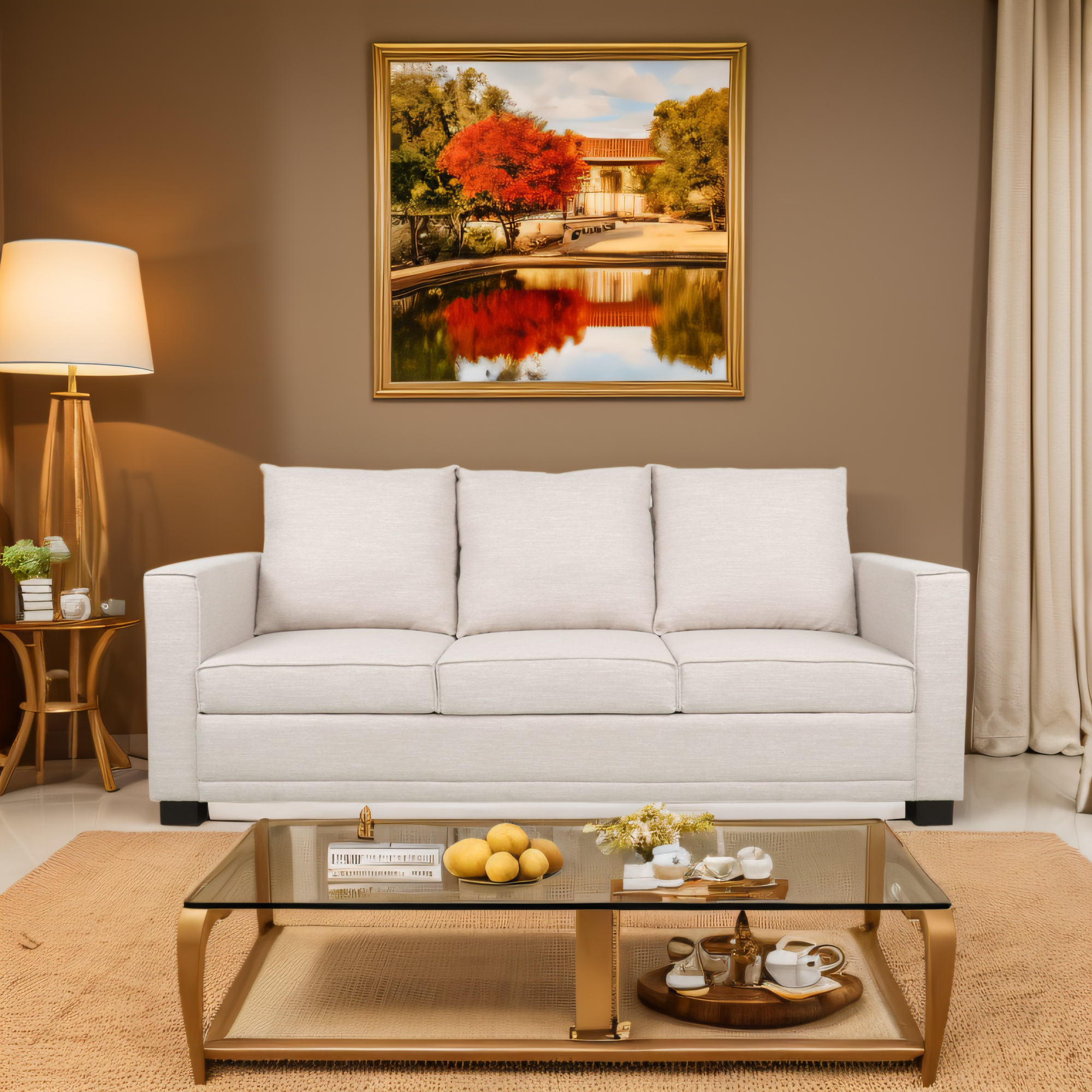 Contemporary Light Beige Fabric 3-Seater Sofa with Square Arms – Comfortable, Stylish, and Cozy, Perfect for Family Seating and Relaxing Evenings, Modern Design and High-Quality Upholstery