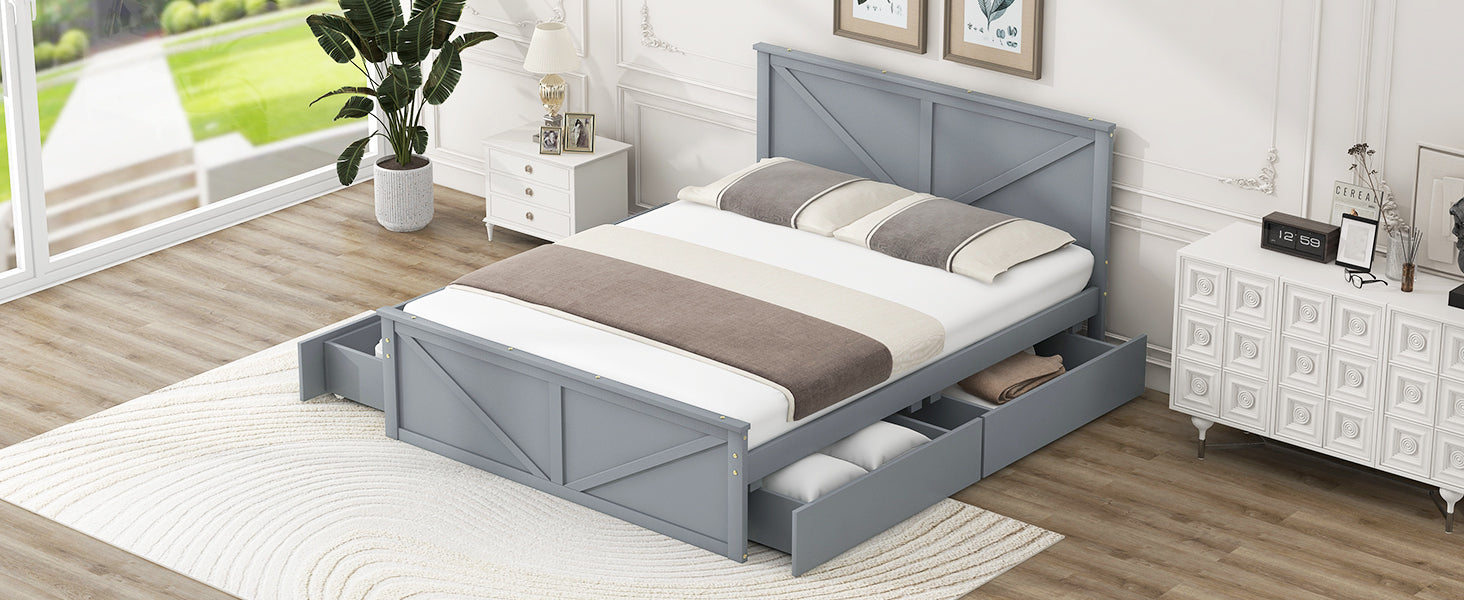 Queen Size Wooden Platform Bed with Four Storage Drawers and Support Legs, Gray