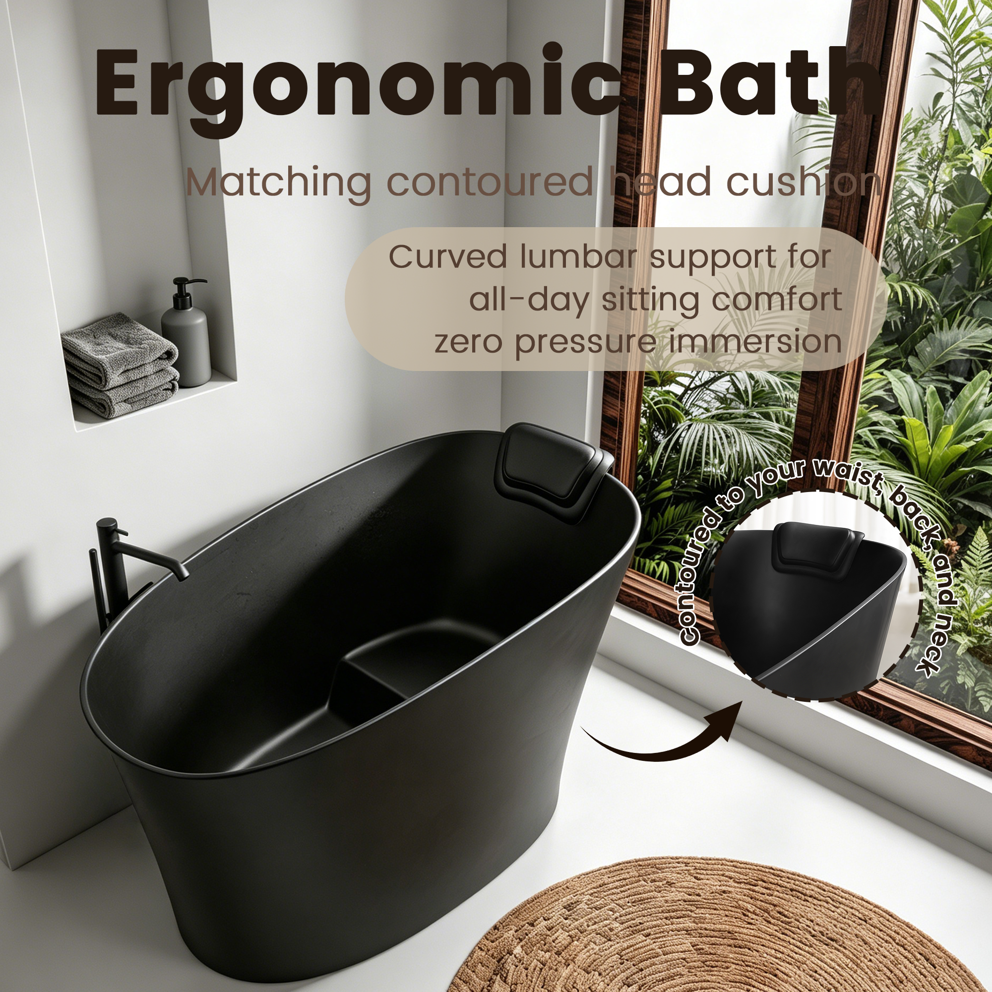 Black freestanding bathtub with overflow and drain assembly detail