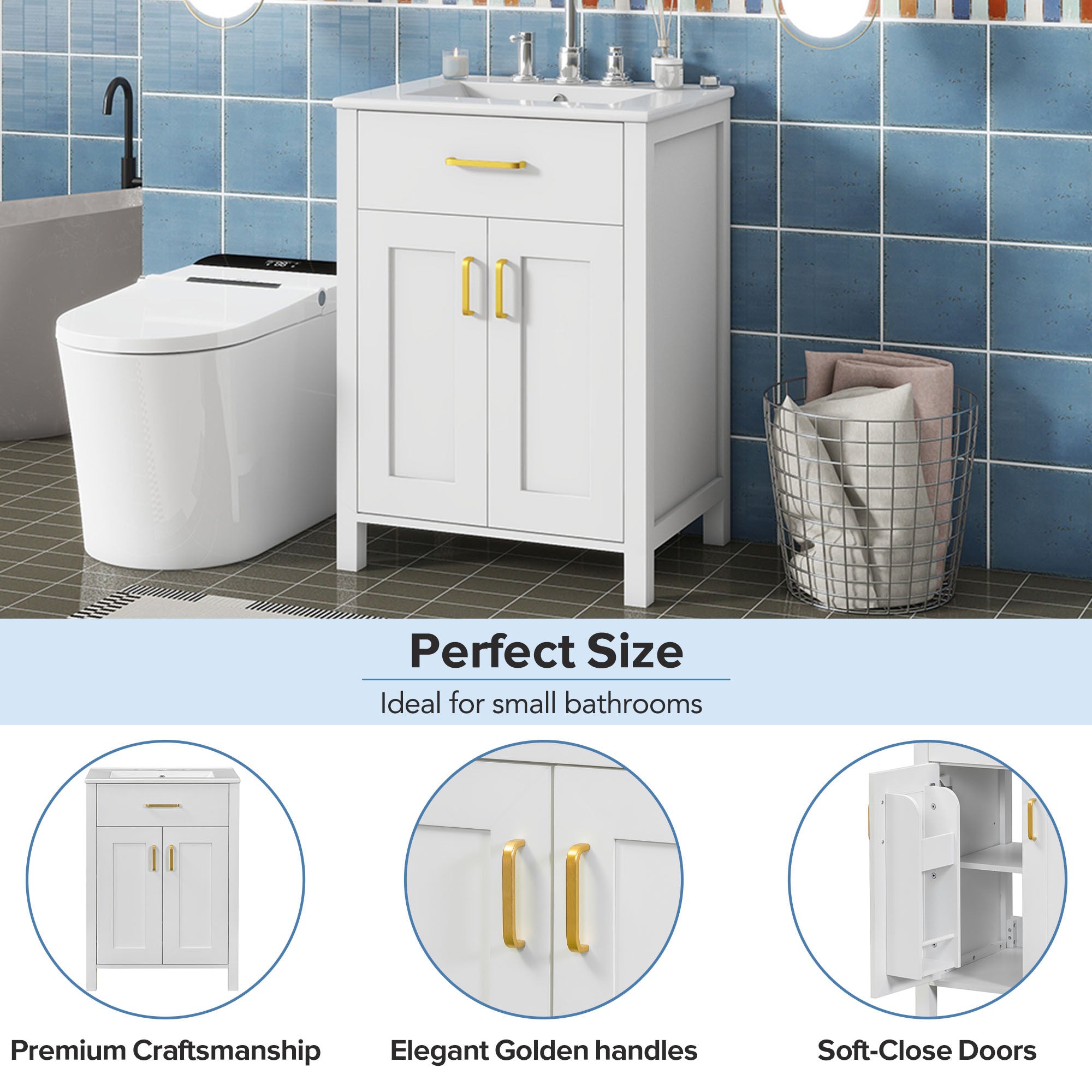 24"Bathroom Vanity Combo with Ceramic sink, Luxurious Space-Saving Vanity - W24"*D18"*H34"inch, 2 Soft-Close Doors