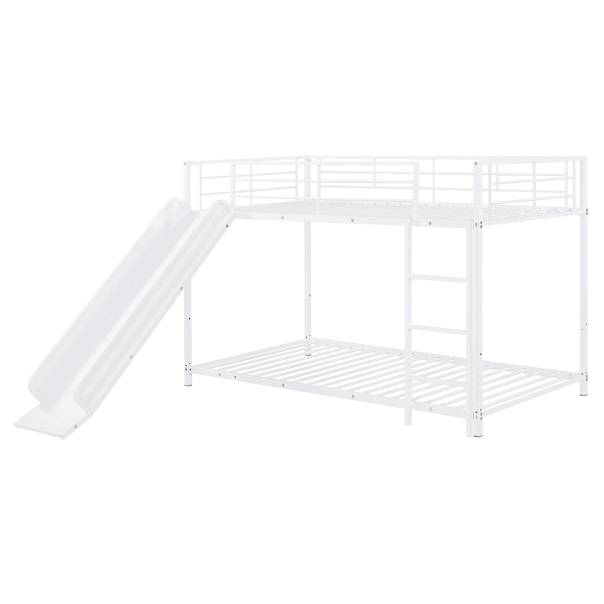 Twin over Twin Size Metal Bunk Bed with Slide and Guardrails, White