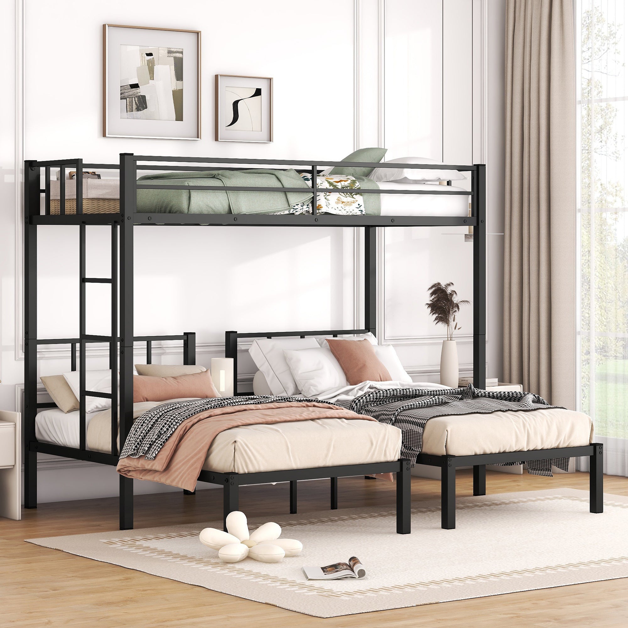 Twin over Twin & Twin Bunk Beds for 3, Twin XL over Twin & Twin Bunk Bed Metal Triple Bunk Bed, Black(Pre-sale date: February 8th.)