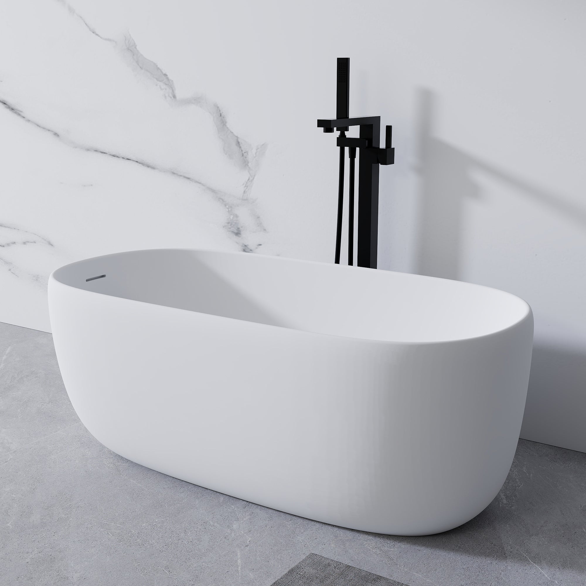 51'' Freestanding Bathtub Resin Stone Soaking Bathtub Solid Surface Modern Tubs with Overflow and Pop-up Drain in White