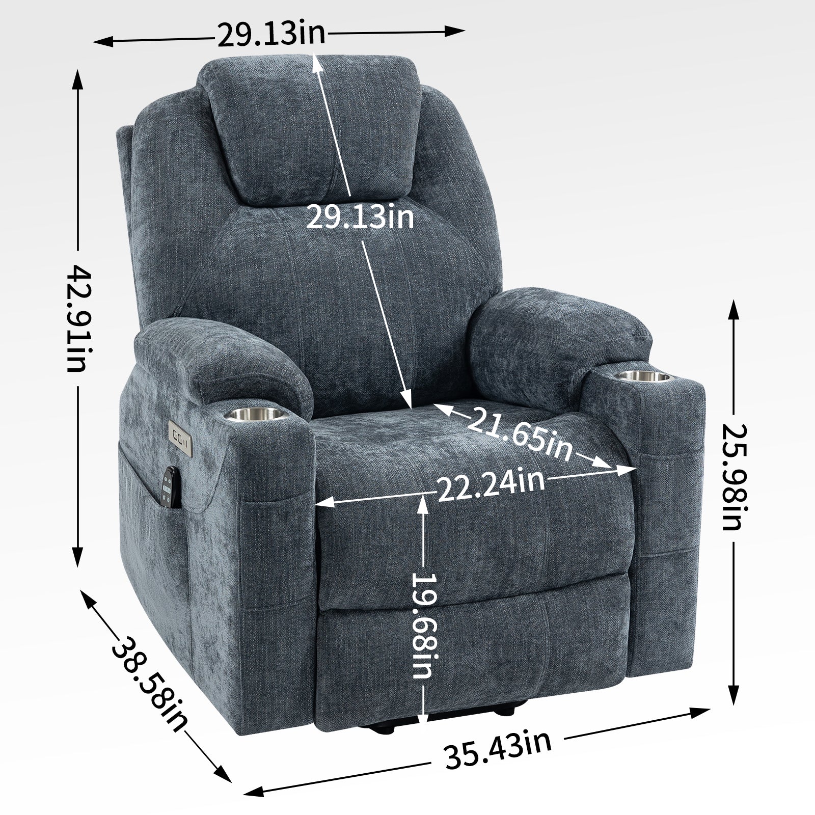 Up to 350 LBS Chenille Power Lift Recliner Chair, Heavy Duty Motion Mechanism with 8-Point Vibration Massage and Lumbar Heating, USB and Type-C Ports, Stainless Steel Cup Holders, Blue